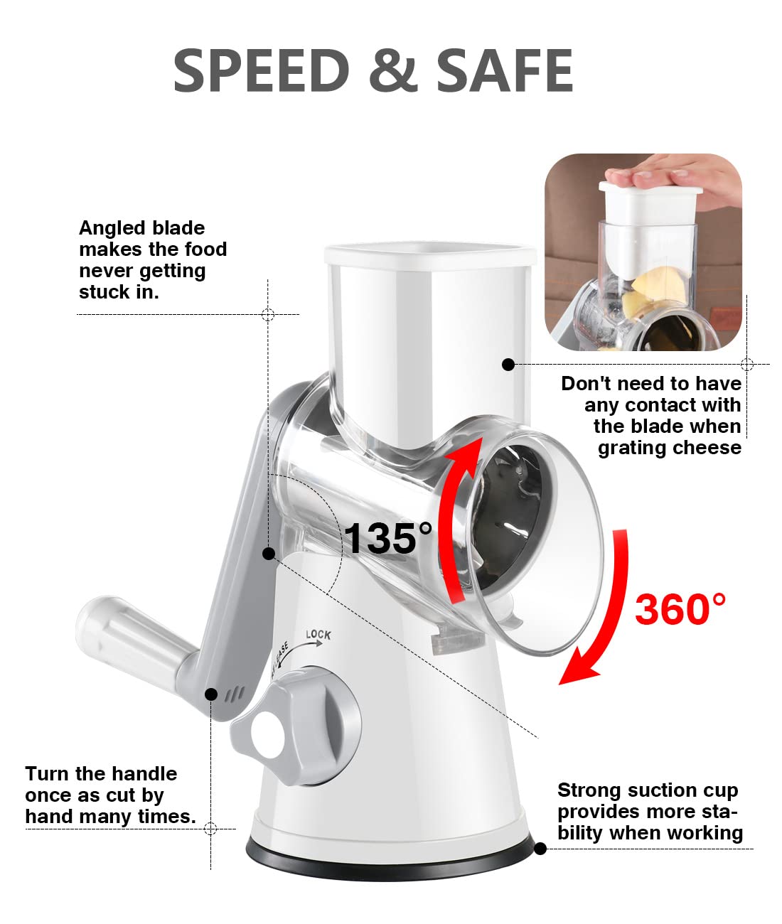 Premium Rotary Cheese Grater with Strong Suction Base - 3 Stainless Steel Drum Blades - Hand Crank Vegetable Slicer for Potatoes, Hash Browns & Nuts - White Kitchen Gadget for Effortless Meal Prep & Cooking