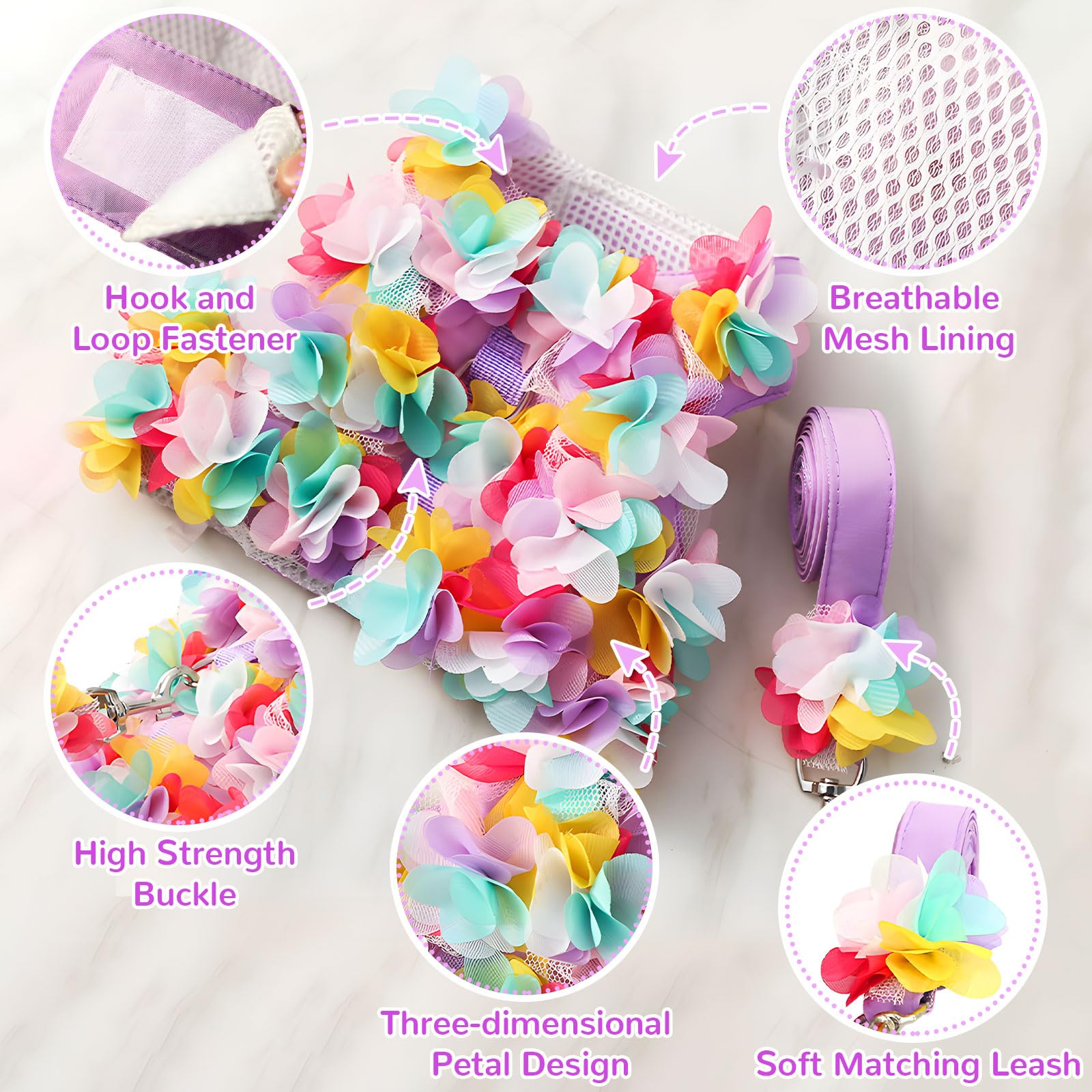 Cute Purple Lace Floral Dog Harness and Leash Set - Soft Mesh Escape Proof Vest for Small Dogs & Cats - Perfect for Walking, Training, and Outdoor Adventures