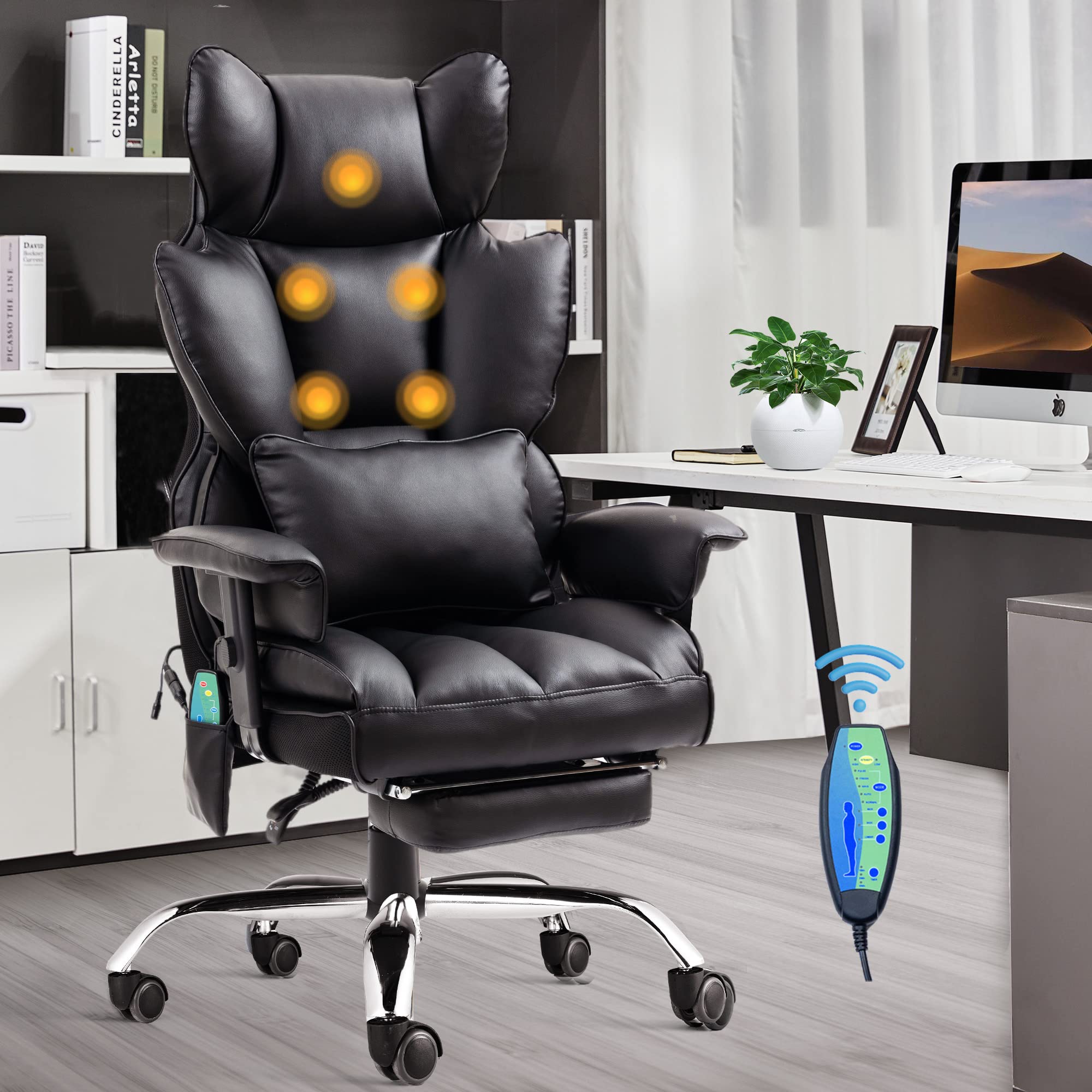 Premium Executive Office Chair - High Back Ergonomic Desk Chair with Lumbar Support, Massage & Reclining Function, PU Leather Computer Chair with Footrest (Black) - Perfect for Home Office, Gaming & Workspace Comfort