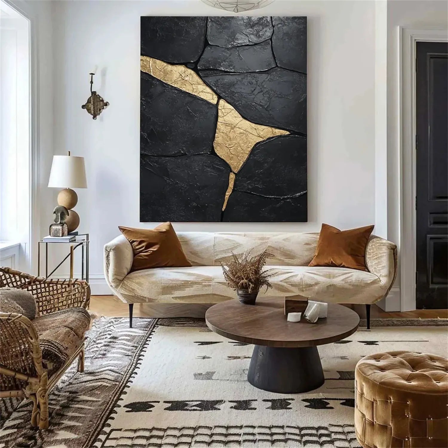 Black Gold Minimalist Textured Painting Canvas Wall Art - Modern Abstract Home Decor for Living Room, Bedroom & Office | Premium Quality #MZ124