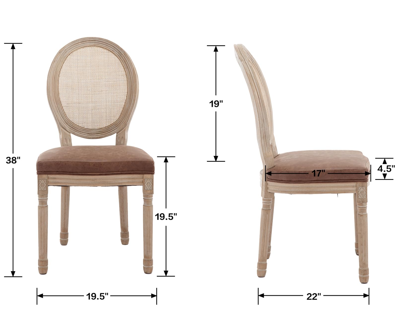 Farmhouse Rattan Dining Chairs Set of 2, Brown Leather French Country Style Round Back Side Chairs for Kitchen, Restaurant, Dining Room & Living Room - Perfect for Indoor Dining, Entertaining Guests & Home Decor