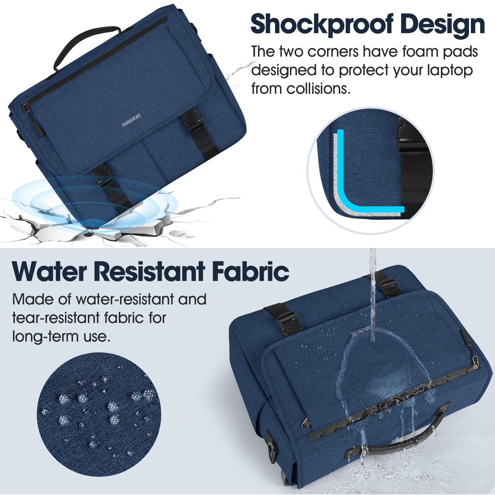 RAINSMORE Waterproof Messenger Bag for Men - 15.6 Inch Laptop Briefcase, Durable Crossbody Shoulder Bag for College, Office & Travel - Stylish Blue Casual Satchel for Work, Business & Daily Commute
