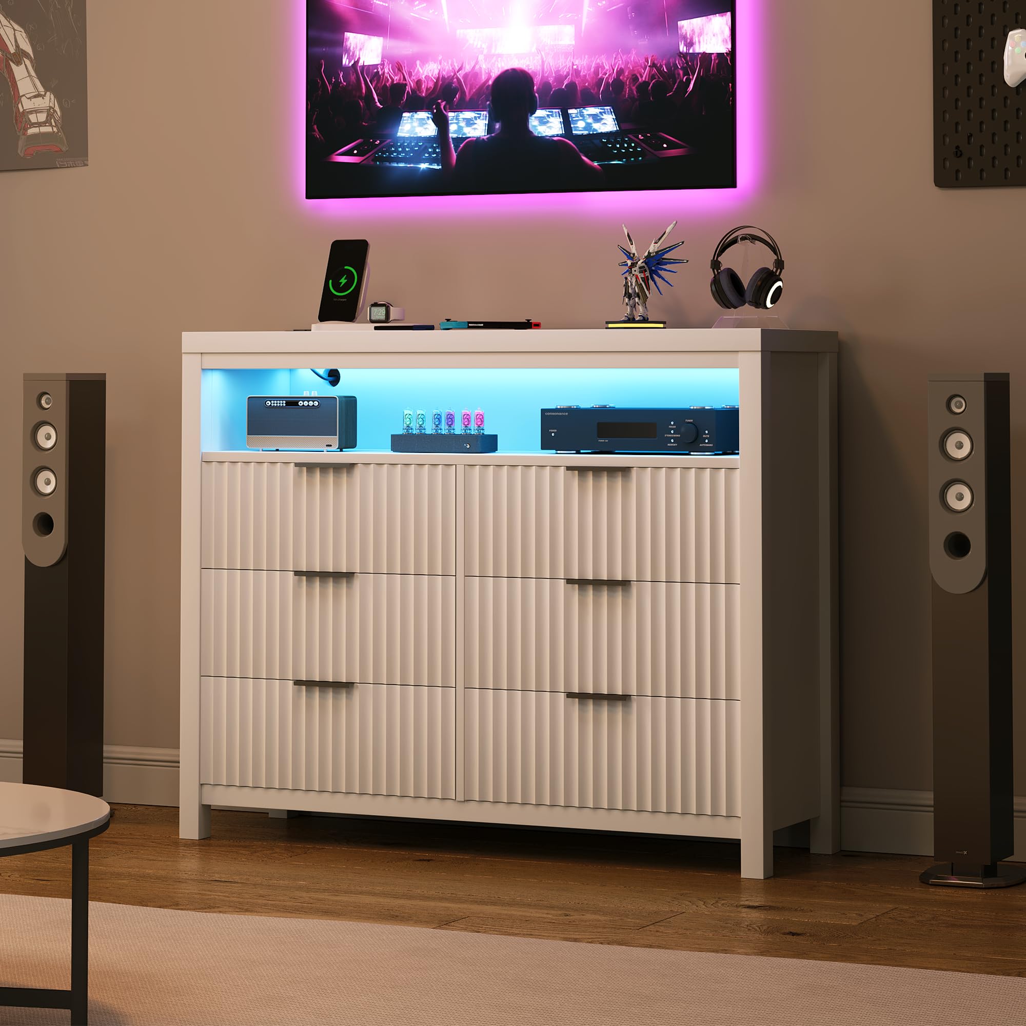 Modern 6-Drawer Fluted Dresser with Built-in Power Outlet & LED Lights - Wooden Chest of Drawers with Charging Station, Large TV Stand Dresser, Double Drawer Organizer for Bedroom, Living Room, Hallway (White) - Perfect for Contemporary Home Décor & Smart Device Charging