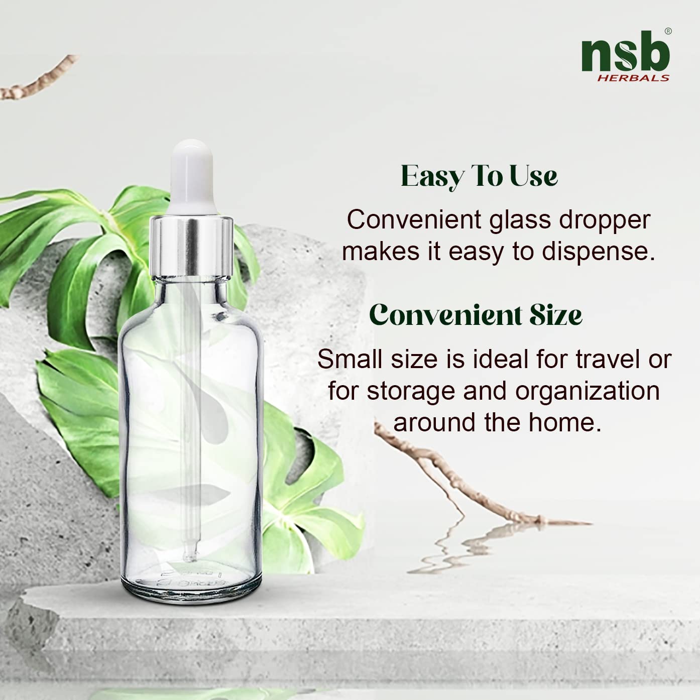 NSB Herbals 50ml Clear Round Empty Glass Bottle with Glass Dropper, Silver Ring & White Silicone Teat - Refillable for Essential Oils, Perfumes (Pack of 3) | Perfect for DIY Aromatherapy, Travel Size Liquids & Homemade Beauty Products