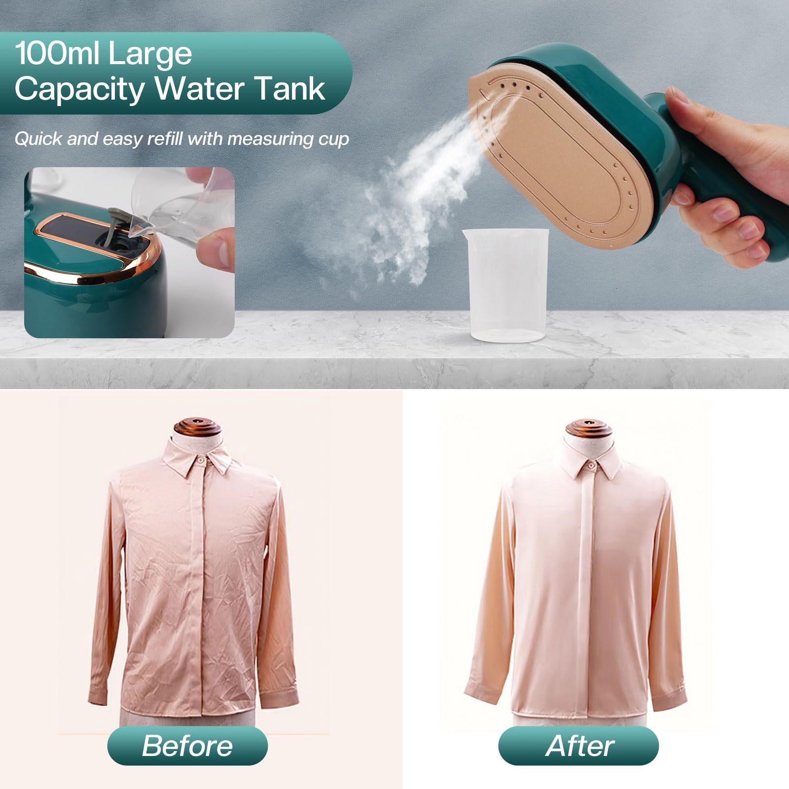 Portable Mini Steam Iron & Travel Steamer - 970W Handheld Garment Steamer for Dry & Wet Ironing, 180° Rotatable Design for Wrinkle Removal - Perfect for Home, Office & Travel (Green)