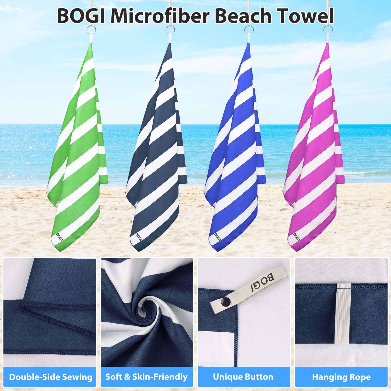 BOGI Quick Dry Microfiber Beach Towel Set - Lightweight, Absorbent & Sand Proof - Large & XL Oversized Travel Towels for Pool, Swim, Gym, Yoga - Perfect for Beach Vacations, Travel & Outdoor Activities