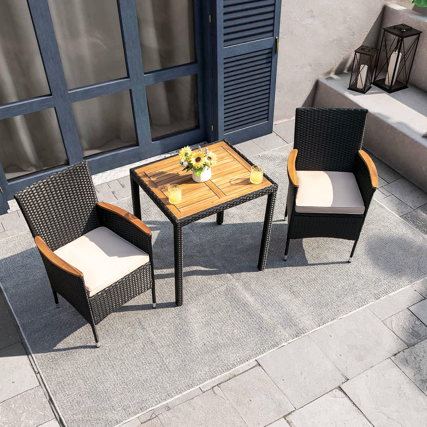 Flamaker 3-Piece Outdoor Patio Dining Set - Acacia Wood Table & Wicker Chairs with Cushions - Weather-Resistant Black Furniture for Deck, Backyard, Porch, Garden - Perfect for Outdoor Entertaining & Relaxation