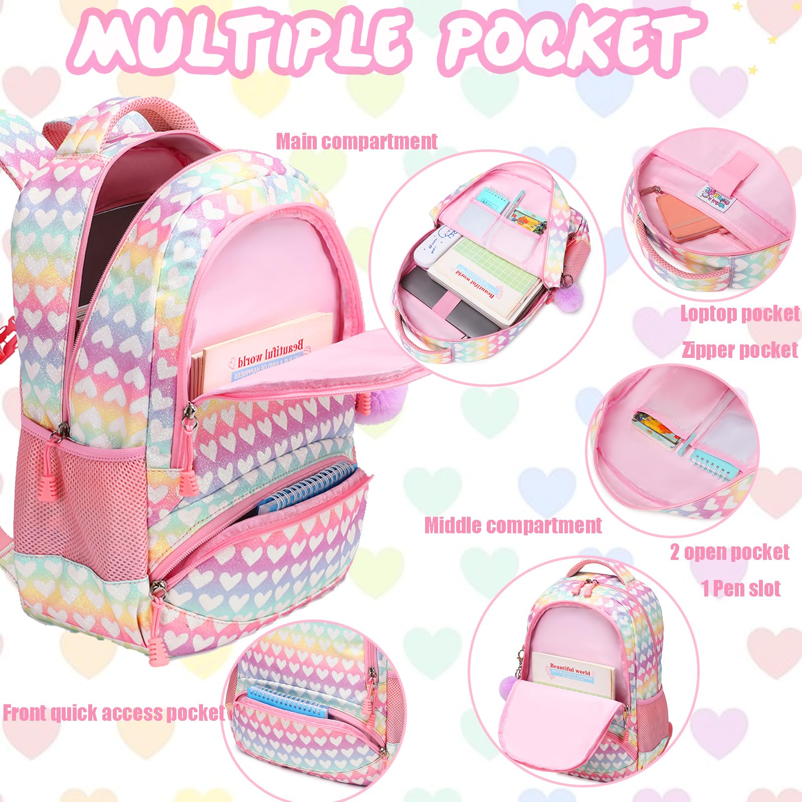 **Cute Unicorn Backpack for Girls - Waterproof School Bookbag with Pencil Case & Lunch Box - Perfect for Elementary, Middle School & Travel**    *(Use Case: Ideal for school, travel, camping, sleepovers, and everyday adventures!)*