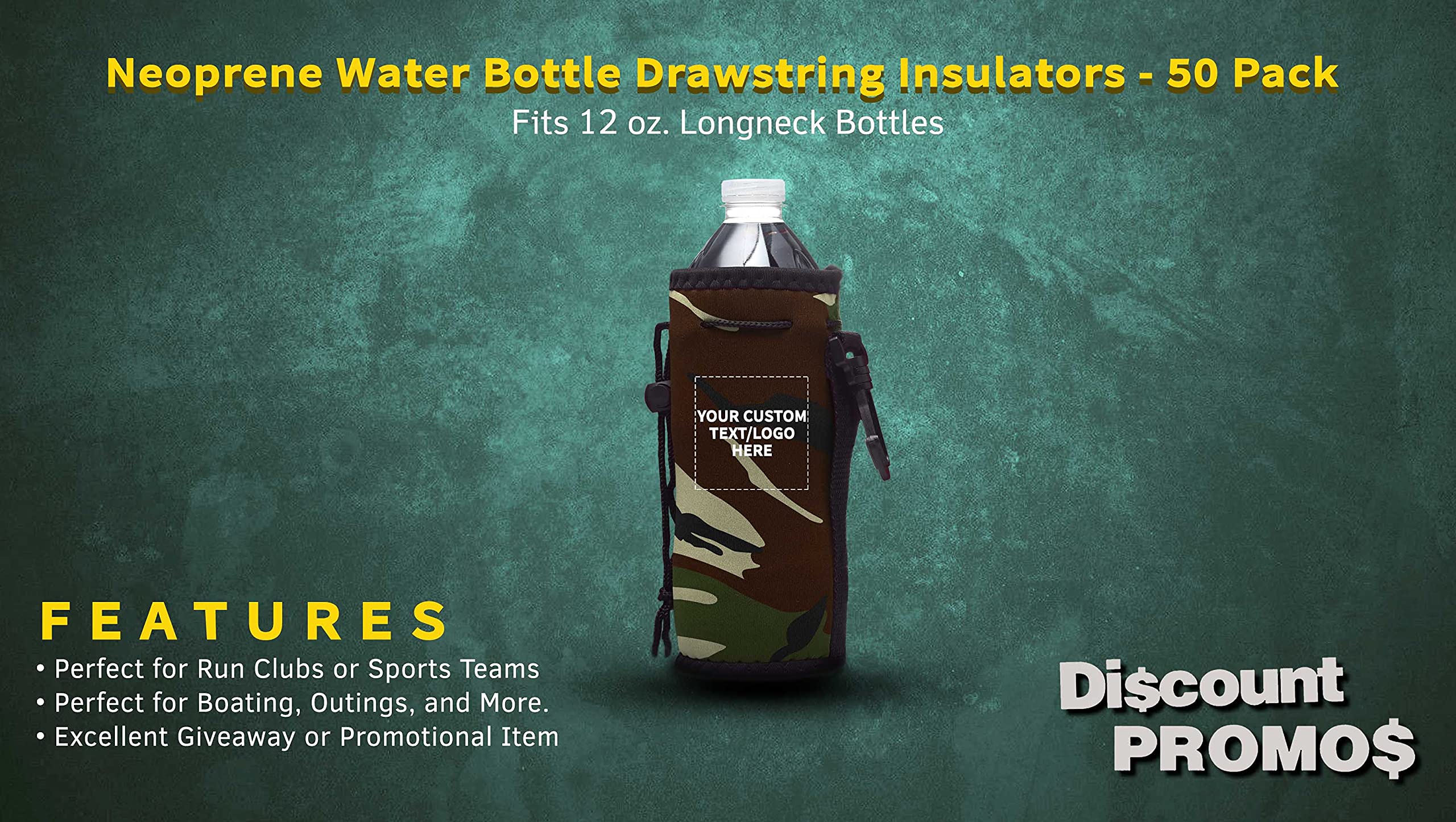 50 Pack Neoprene Water Bottle Insulators with Drawstring - Custom Text & Logo Printing - Fits 12 oz Longneck Bottles - Camouflage Design - Perfect for Outdoor Adventures, Sports Events & Corporate Gifts