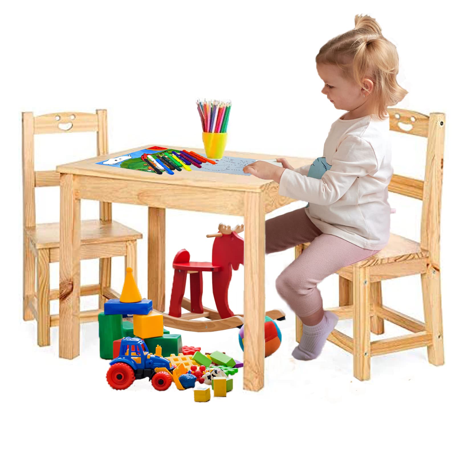 Natural Wooden Kids Table & Chair Set for Toddlers Ages 2-8 - 3-Piece Solid Wood Activity Table & Chairs for Children - Perfect for Playtime, Learning & Arts & Crafts at Home or Preschool