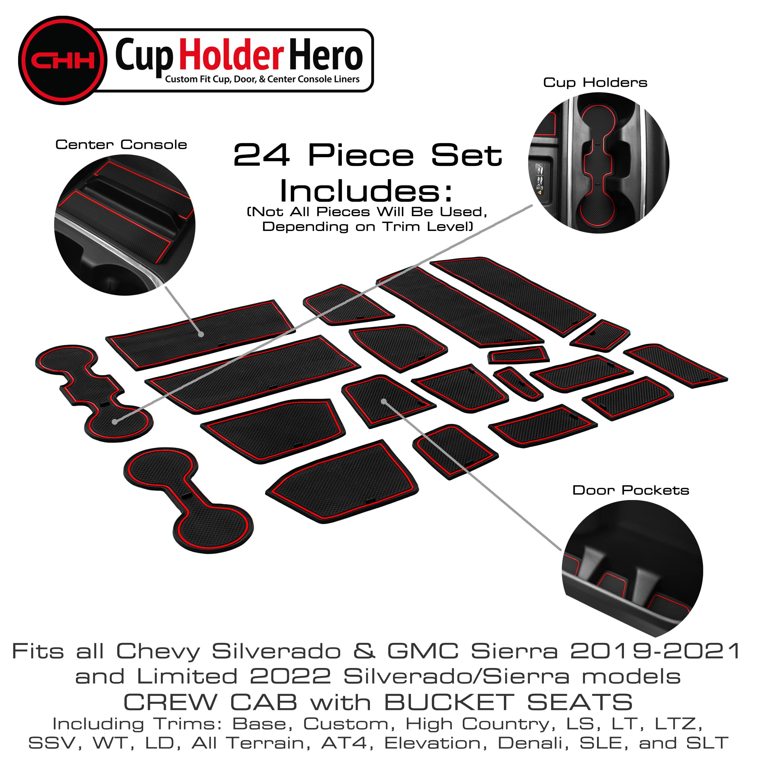 Premium Non-Slip Cup Holder Inserts & Console Liners for Chevy Silverado 1500 & GMC Sierra (2014-2022) - 24pc Custom Interior Accessories Set with Anti-Dust Design (Red Trim) | Perfect for Crew Cab with Bucket Seats - Keep Your Car Clean & Organized on Road Trips & Daily Commutes