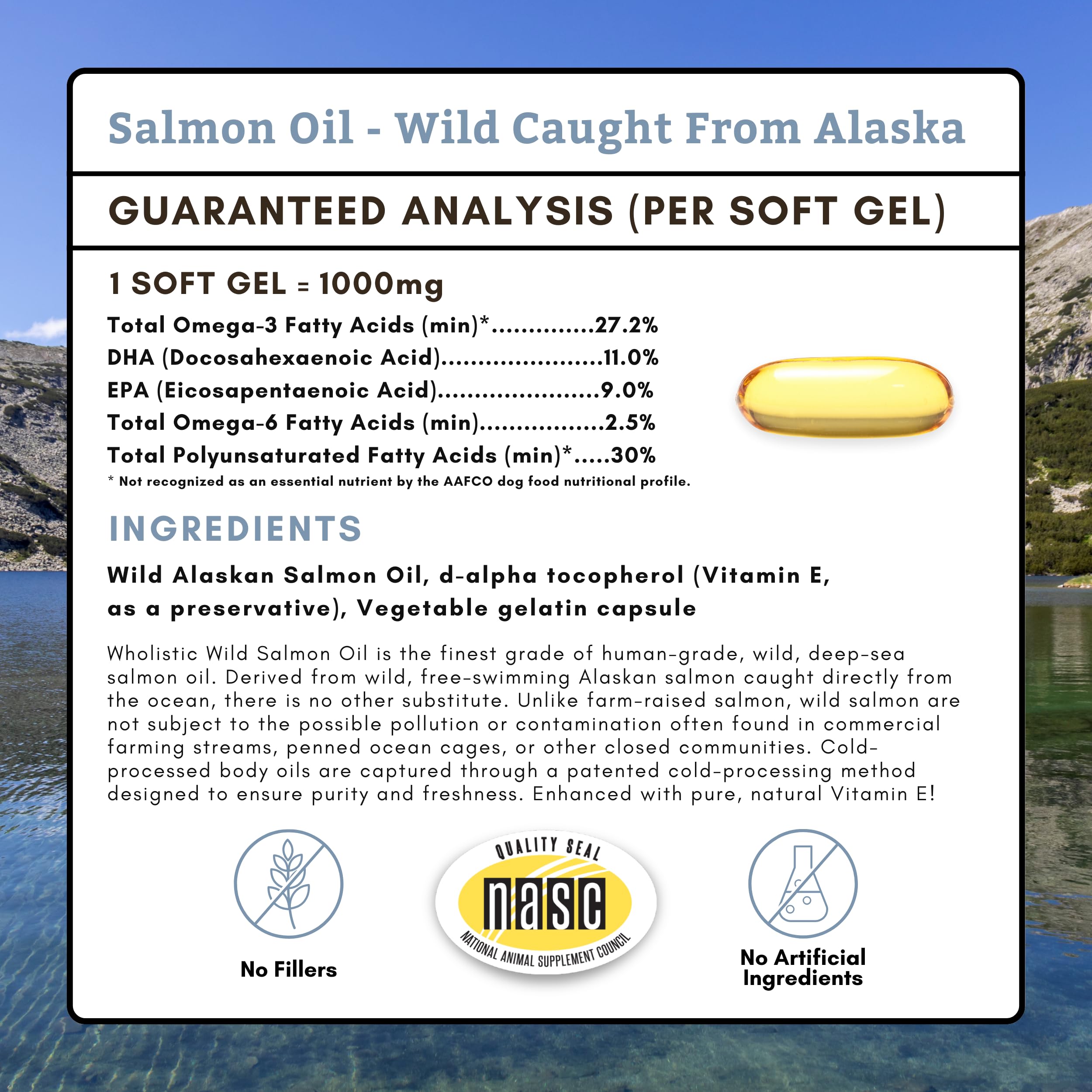 Wholistic Pet Organics Wild Alaskan Salmon Oil for Dogs - 500 Soft Gels - Omega 3 Fish Oil with EPA & DHA for Skin, Coat, Joint & Heart Health - Dog Skin & Coat Supplement - Perfect for Daily Wellness & Allergy Relief
