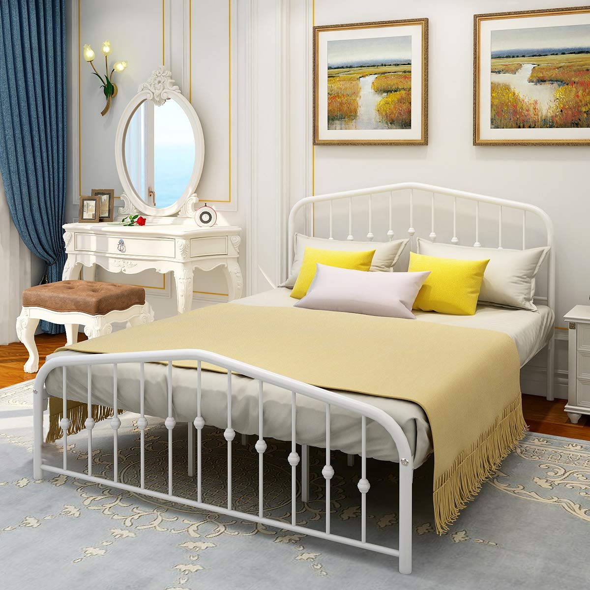 Premium White Queen Metal Platform Bed Frame with Headboard & Footboard - No Box Spring Needed, Sturdy Steel Slat Support for Mattress Foundation - Perfect for Modern Bedrooms, Guest Rooms & Small Spaces