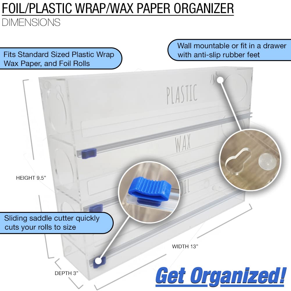 Premium Acrylic 3-in-1 Plastic Wrap, Wax Paper & Aluminum Foil Dispenser - Drawer or Wall Mountable Kitchen Organizer (Clear) - Perfect for Food Storage, Meal Prep & Countertop Organization