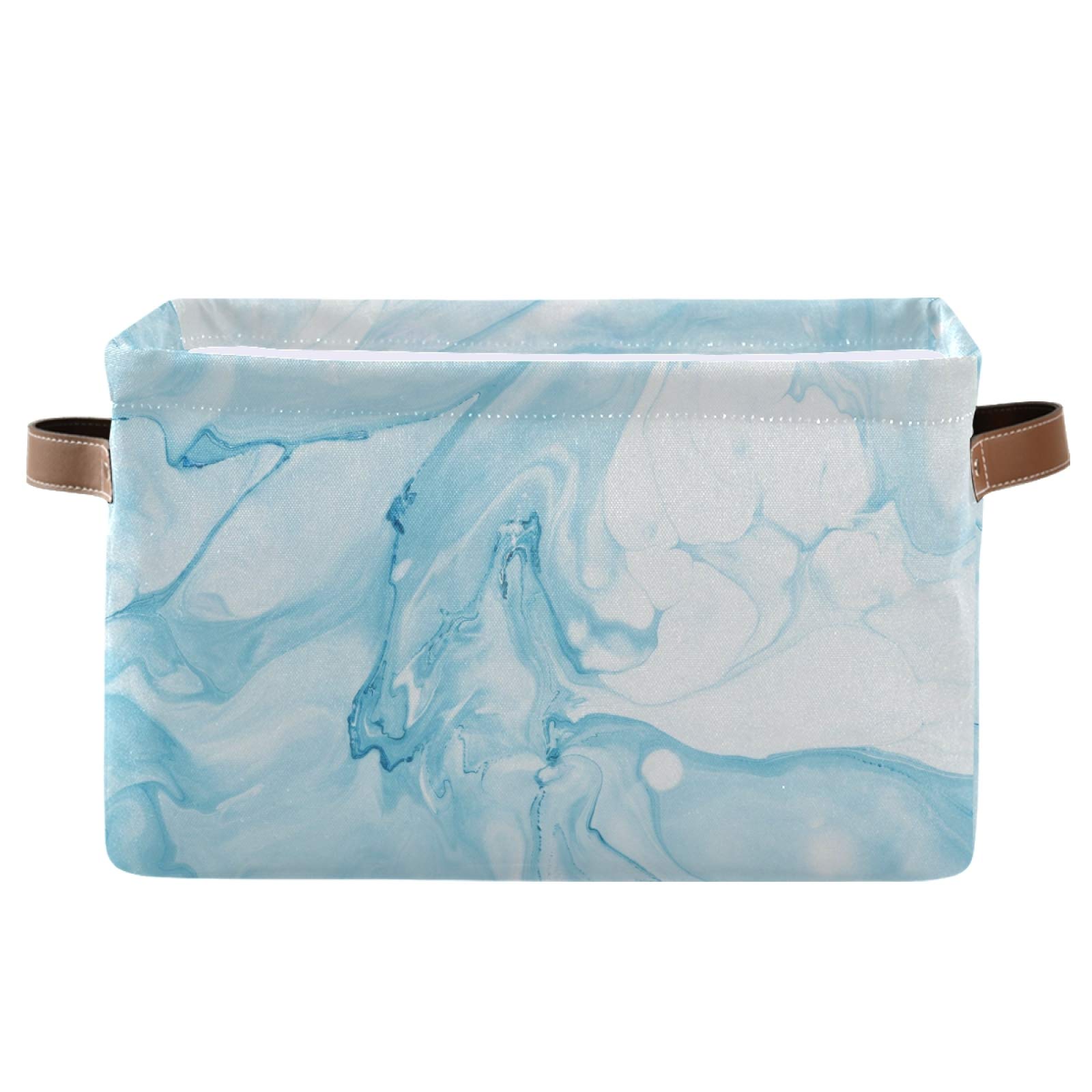 Collapsible Storage Basket with PU Handles - Light Blue Marble Waterproof Organizer for Nursery, Laundry & Home Organization | Foldable Clothes Hamper | 1 Pack | Perfect for Baby Rooms, Bathrooms & Closet Storage