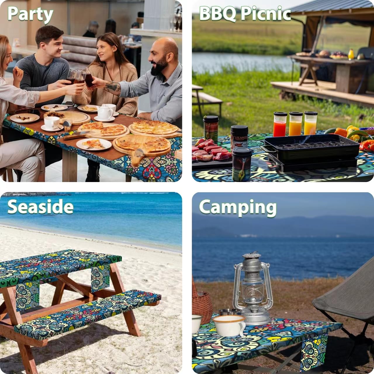 Waterproof Windproof Picnic Table Cover with Bench Covers - Elastic Rectangle Tablecloth with Storage Bag (Blue-Green Mandala, 72x30 inches) - Perfect for Outdoor Dining, BBQs, Camping & Picnics