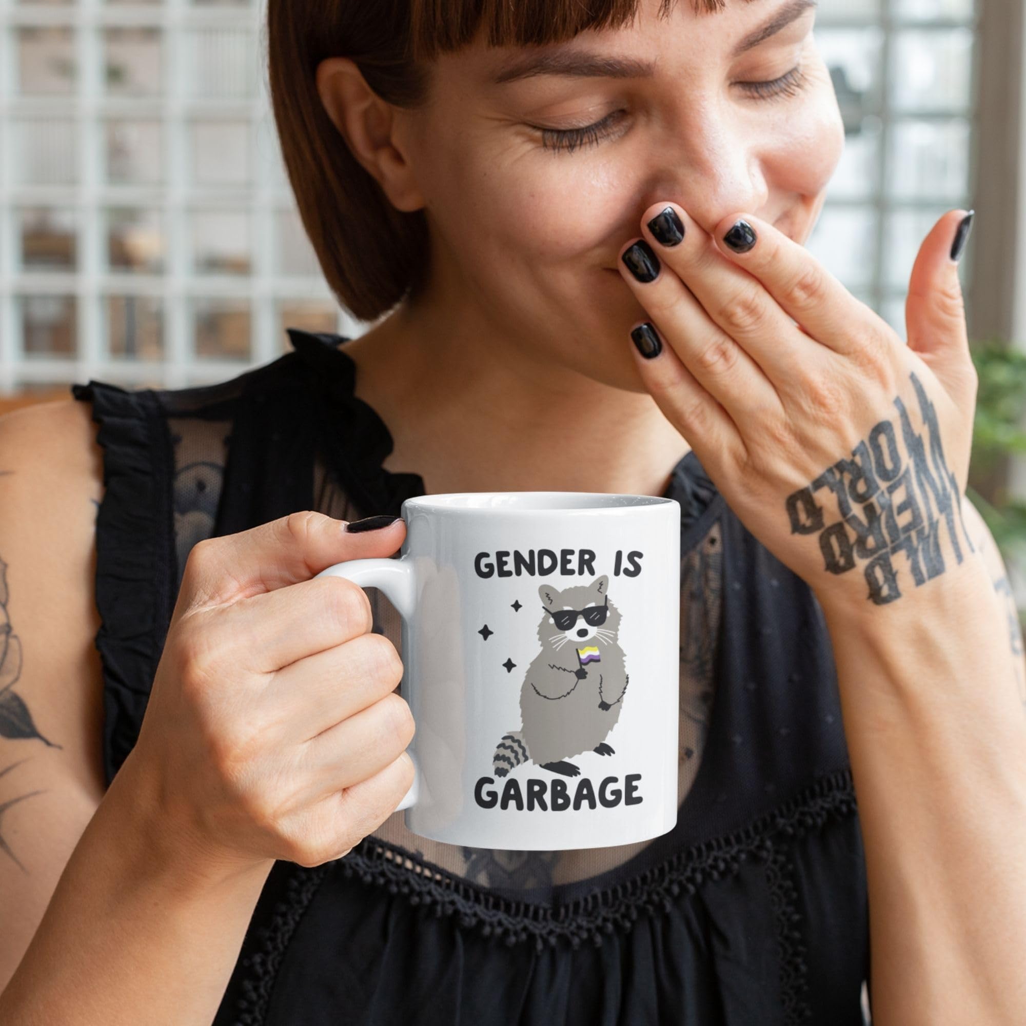 Non Binary Raccoon Pride Coffee Mug - 11oz Funny Ceramic Cup with Double-Sided Print, Unique Humor Gift for Women & Men - Perfect for LGBTQ+ Pride Celebrations, Office Coffee Breaks & Novelty Gift Giving