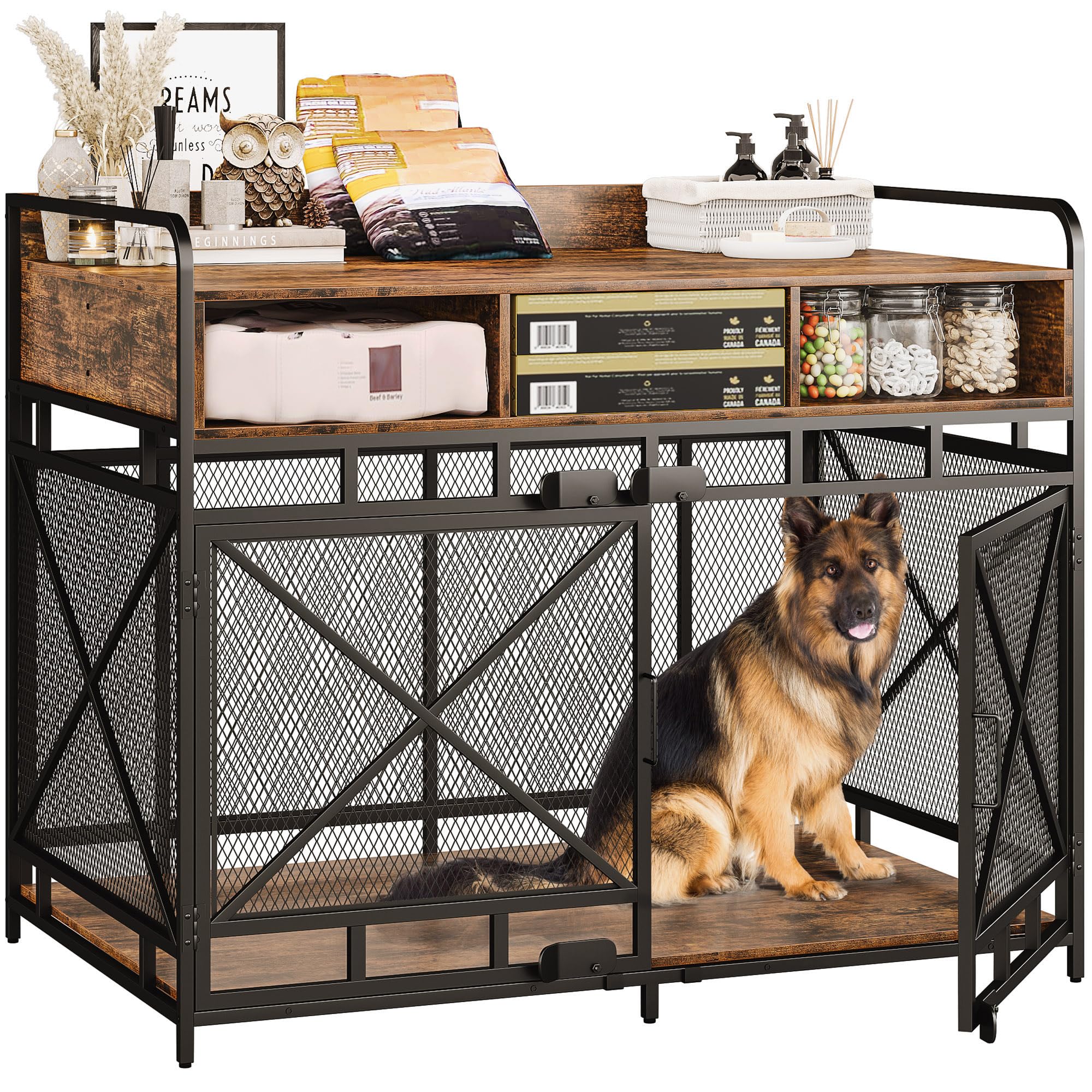 Stylish Rustic Brown Wooden Dog Crate Furniture - 43 Inch Heavy Duty Pet Kennel with Drawers, Multi-Functional End Table for Living Room & Bedroom - Indoor Dog Cage 43.3