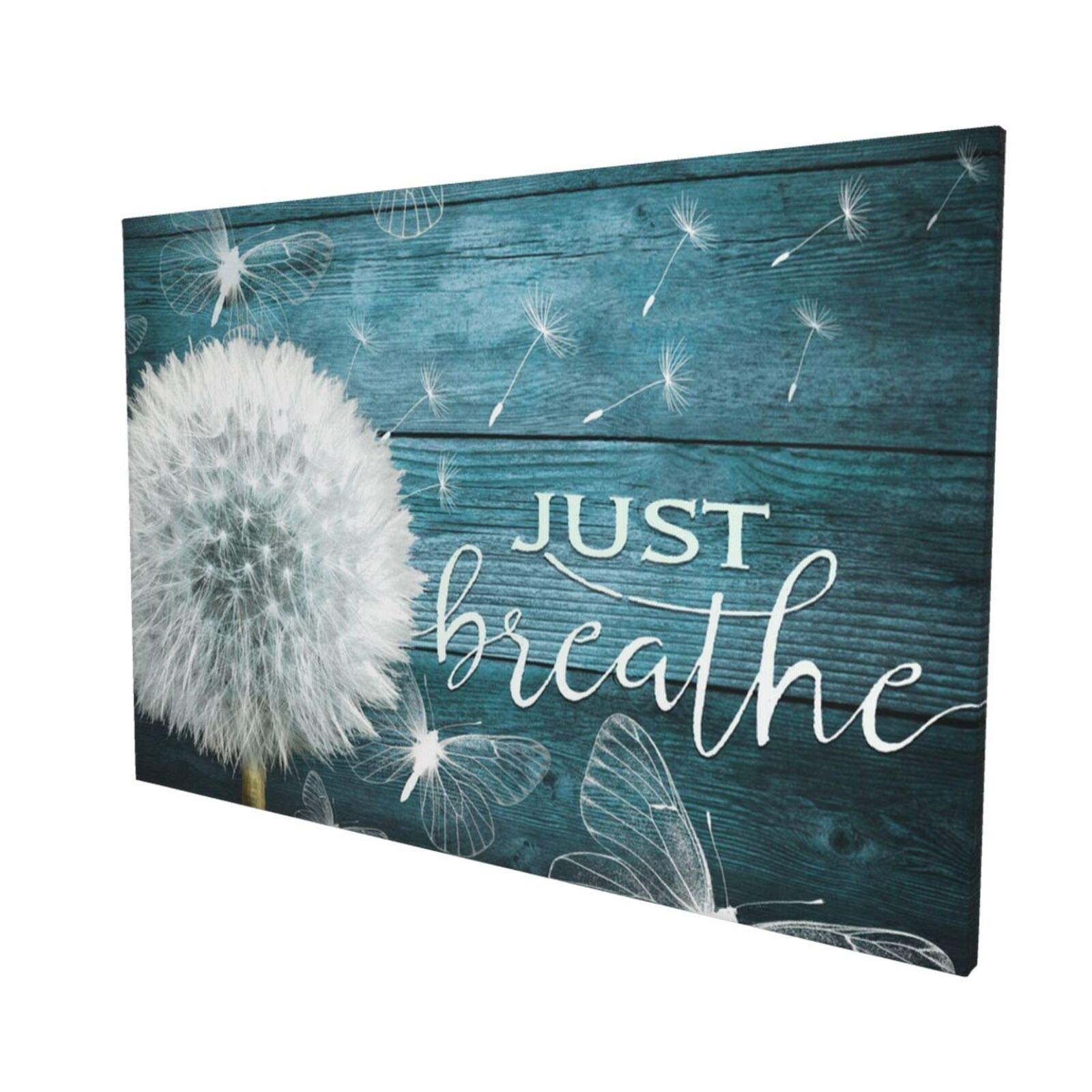 BOLDROLE Just Breathe Teal Dandelion Canvas Wall Art - 16x24 Inch Framed Ready to Hang Floral Print for Living Room, Bathroom, Bedroom & Office Decor - Perfect for Home, Spa or Meditation Space