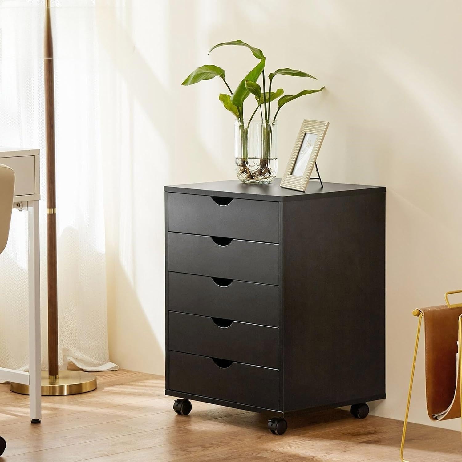 5-Drawer Wooden Dresser with Wheels - Mobile Storage Cabinet for Bedroom & Office Organization - Compact Chest of Drawers for Clothes, Accessories & Home Decor