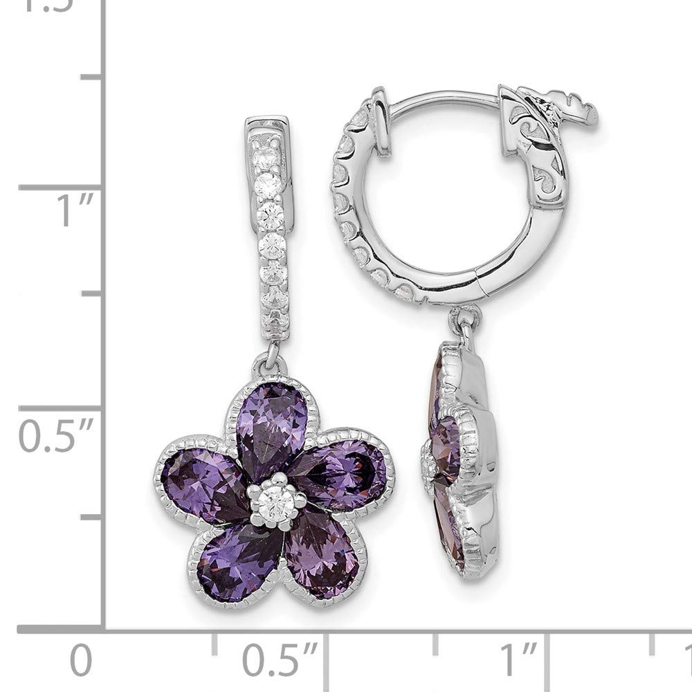 Sterling Silver Purple & White CZ Flower Hoop Dangle Earrings for Women | 27mm x 13mm | Elegant Fashion Jewelry for Parties, Weddings & Everyday Wear