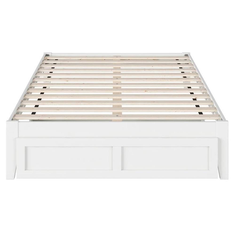 BOWERY HILL Modern White Wood Full Bed Frame with Storage Drawer and USB Charging Ports - Perfect for Small Bedrooms, Guest Rooms & Dormitories
