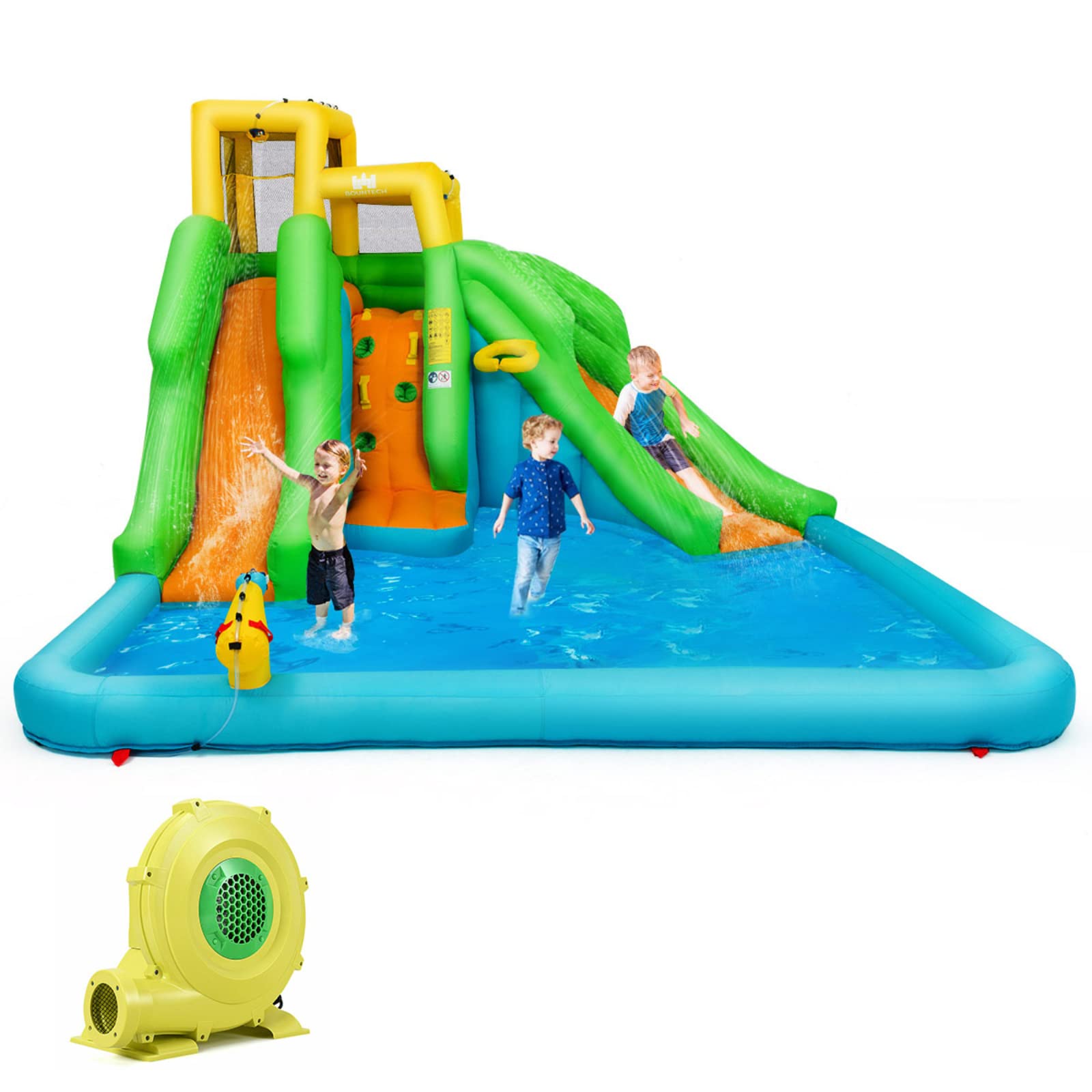 BOUNTECH 6-in-1 Inflatable Water Slide Park with Blower - Dual Racing Slides, Splash Pool for Kids & Adults | Outdoor Backyard Summer Party, Birthday Gift, Family Fun Water Activity for Garden, Poolside & Beach