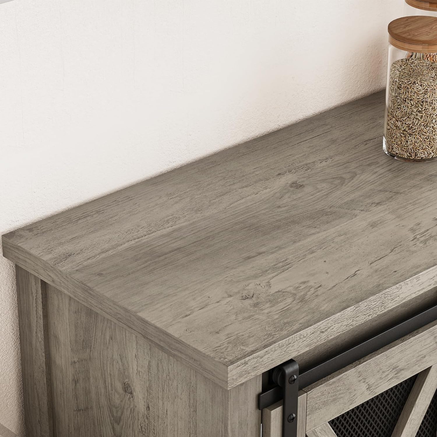 IDEALHOUSE Farmhouse Coffee Bar Cabinet with Sliding Barn Doors - Entryway Console Table with Storage, Wine Liquor Cabinet with Racks - Perfect for Kitchen, Hallway & Living Room - Gray Home Bar Furniture for Entertaining & Storage