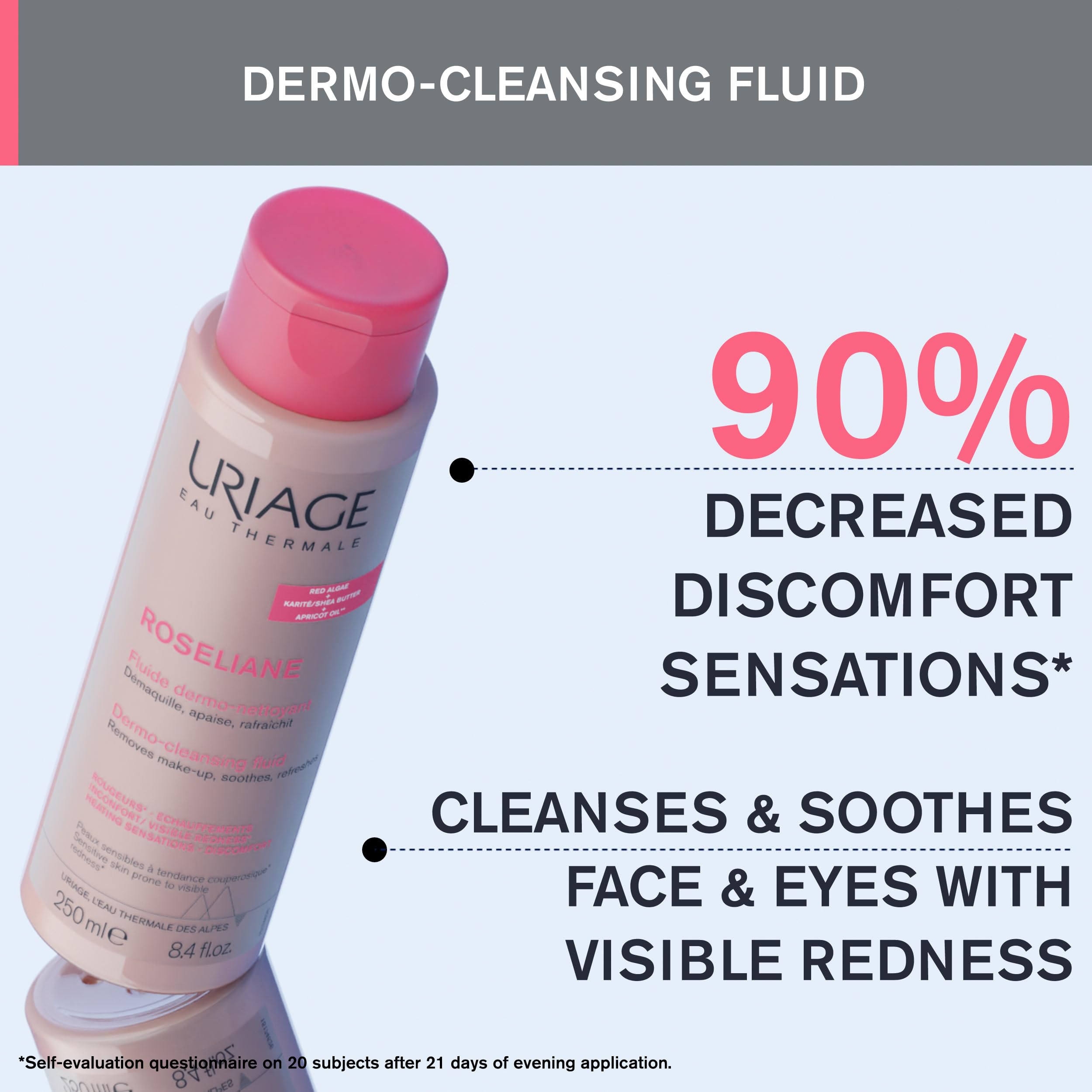 URIAGE Roseliane Dermo-Cleansing Fluid | Gentle Face Cleanser with Calendula, Rose & Apricot Kernel Oil | Makeup Remover, Soothing Gel Lotion for Sensitive Skin | Paraben-Free, Vegan, 250ml/8.45oz | Perfect for Daily Skincare Routine & Travel