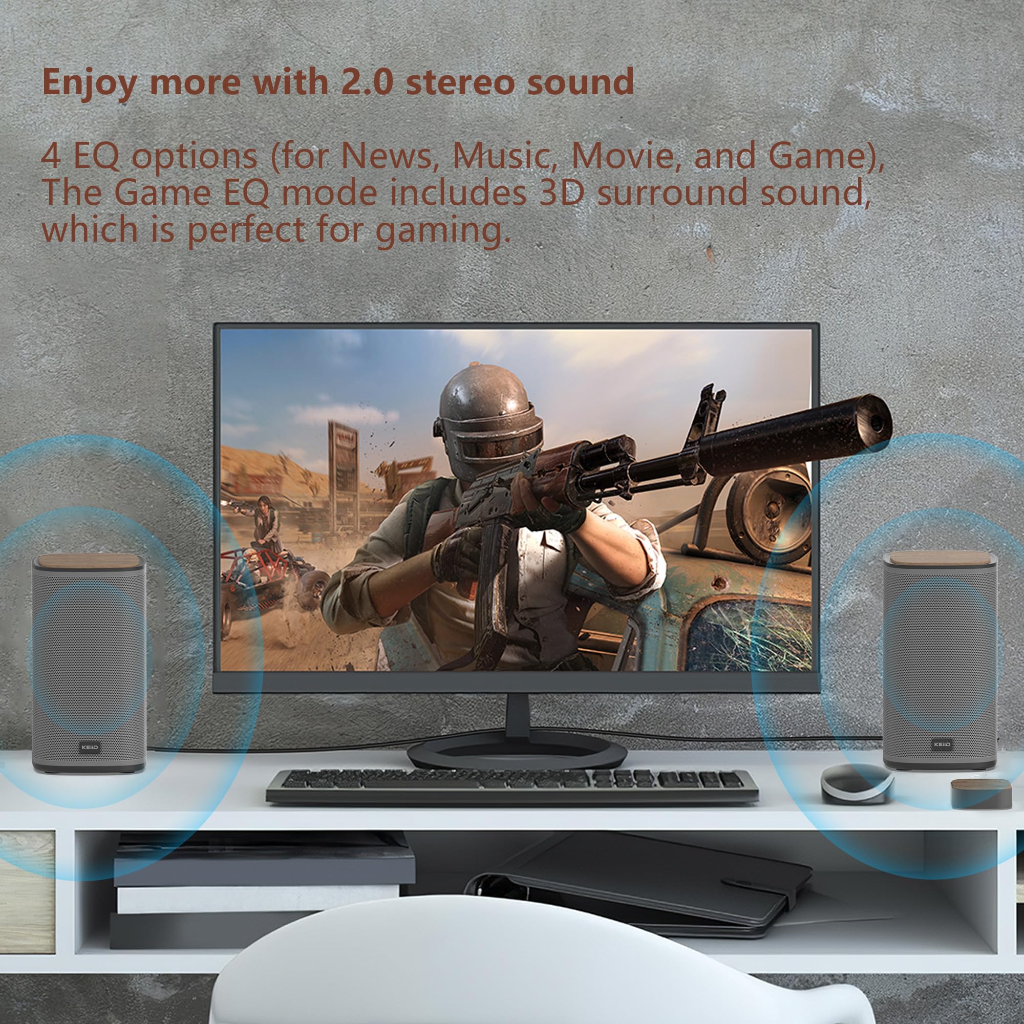 Wireless Bluetooth Computer Speakers with Touch Control for PC, Laptop & Desktop - Stereo Gaming Speakers with 4 EQ Modes, Modern Design (2024 Model) - Perfect for Home Office, Gaming & Music Streaming