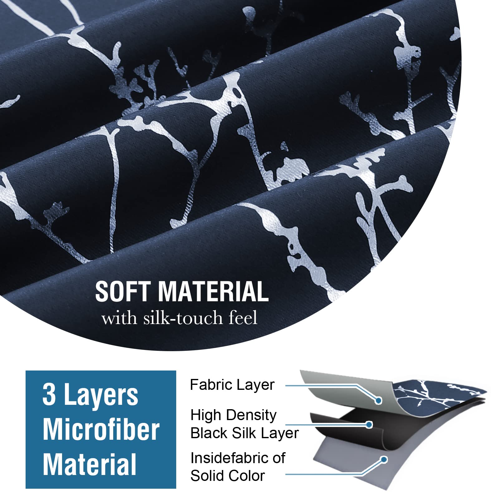 Blackout Curtains for Bedroom & Living Room - Thermal Insulated Light Blocking Window Drapes with Grommet Top - Foil Print Twig Tree Branch Design - 52 x 63 Inch, 2 Panels Navy - Perfect for Home Theater, Nursery & Shift Workers