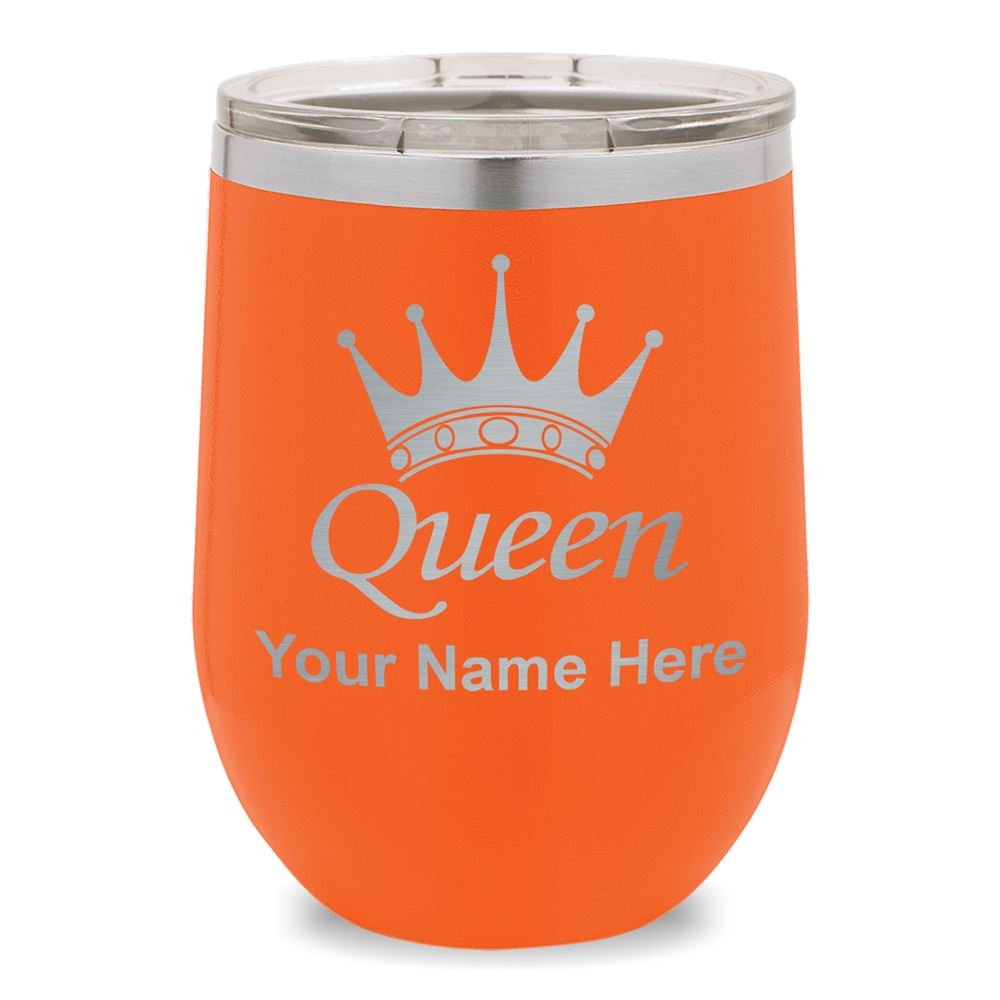 Personalized Queen Crown Wine Glass Tumbler with Engraving - Elegant Orange Stemware for Weddings, Parties & Royal-Themed Events