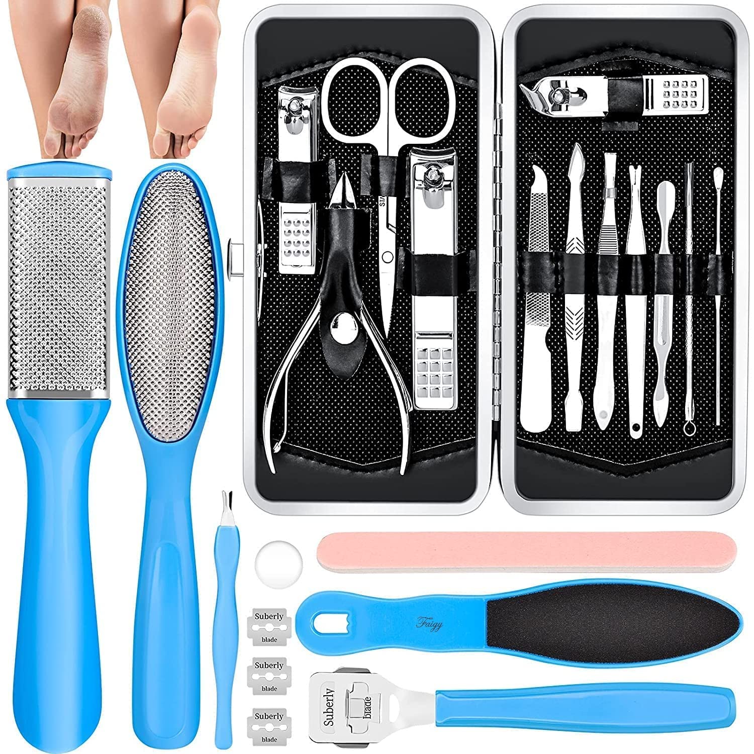 Professional 16-Piece Stainless Steel Manicure & Pedicure Set - Luxury Nail Clippers, Scissors & Foot Filer with Leather Case (Pack of 2) | Perfect for Home Spa, Travel & Salon Grooming