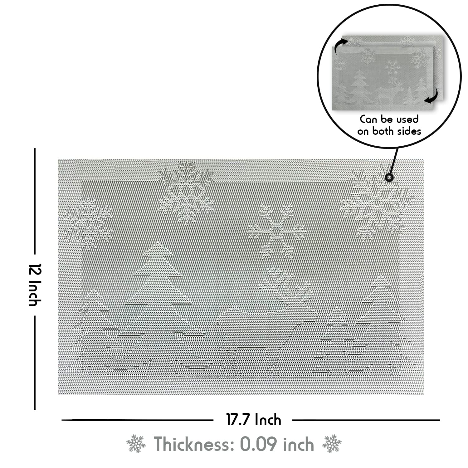 6-Pack Christmas Reindeer Silver Woven Vinyl Non-Slip Placemats - Washable & Anti-Skid Table Mats for Kitchen Dining, Holiday Decor & Family Gatherings