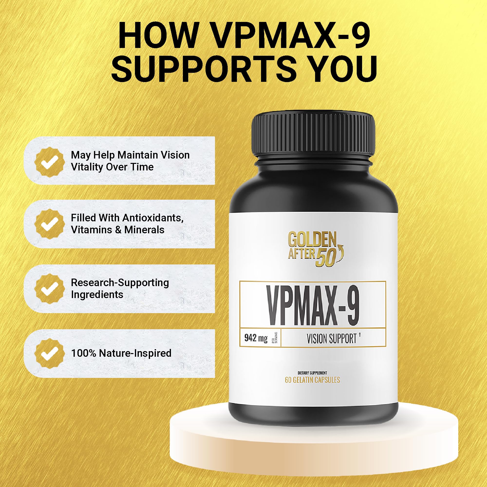 Golden After 50 VpMax-9 - Premium Eye Care Supplement with Lutein, Lycopene & Bilberry Extract - Supports Vision Health & Antioxidant Protection - 6 Bottles (180 Capsules) - Ideal for Computer Users, Night Drivers & Aging Eyes