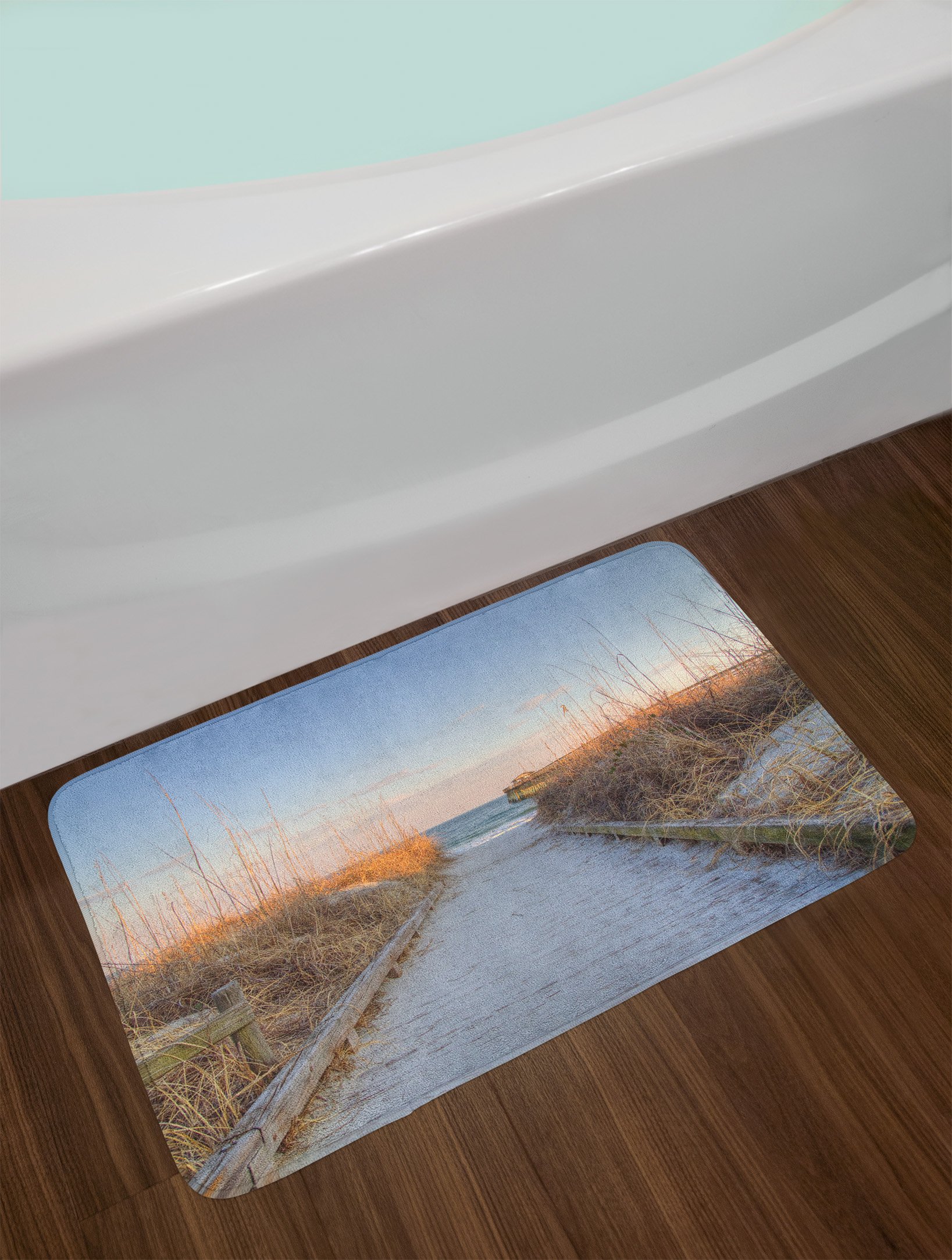 Lunarable Plush Non-Slip Beach Bath Mat - Sunset Sea Oats Coastal Decor for Bathroom, 30.2 x 20 Inches, Pale Brown Blue - Perfect for Beach House, Coastal Theme Bathroom & Vacation Home Decor