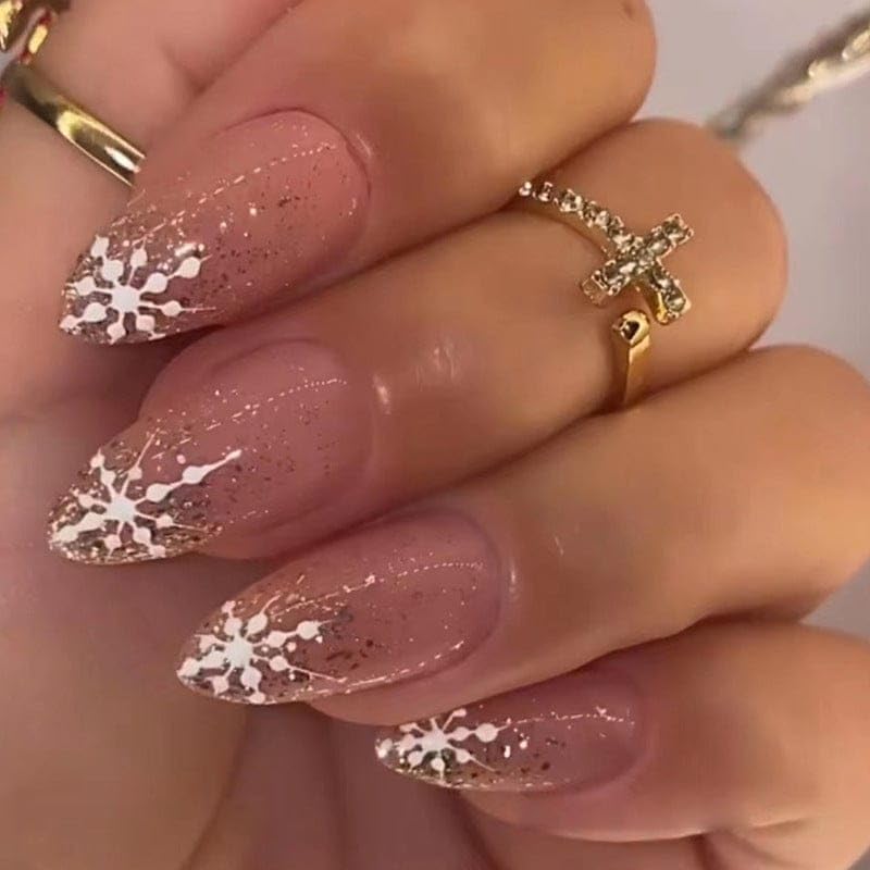 CherryBox 24-Piece Glitter Press on Nails - Long Pointed Snowflake Design with Shiny Pink Sparkles (Includes Nail Glue & Stickers) - Perfect for Christmas Parties, Weddings & Special Occasions