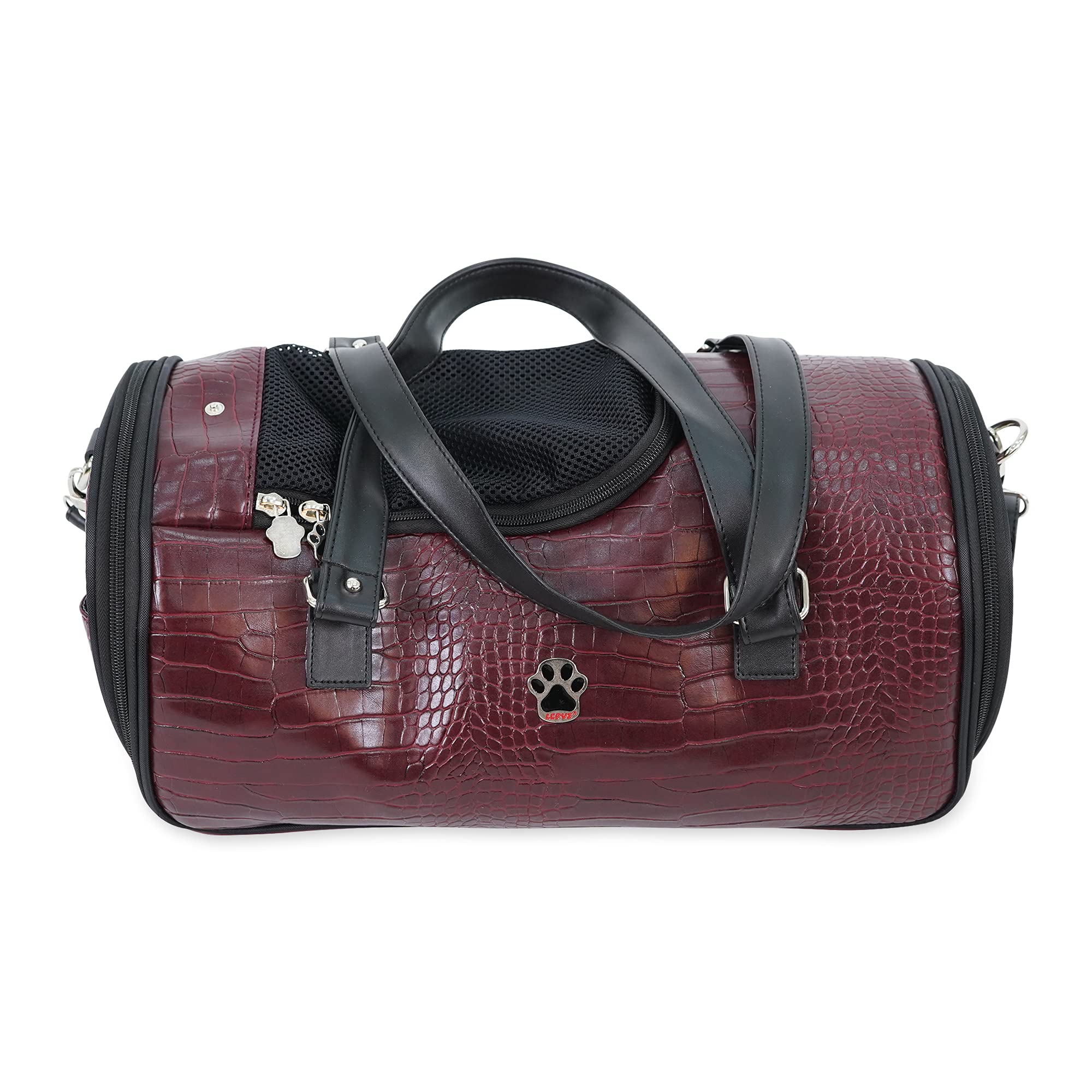 SUSSEXHOME Small Pet Carrier for Dogs and Cats - Faux Alligator Leather Travel Tote Bag with Double Strap - 9.05 x 9.05 x 18.1 Inch Burgundy - Perfect for Air Travel, Vet Visits, and Daily Outings