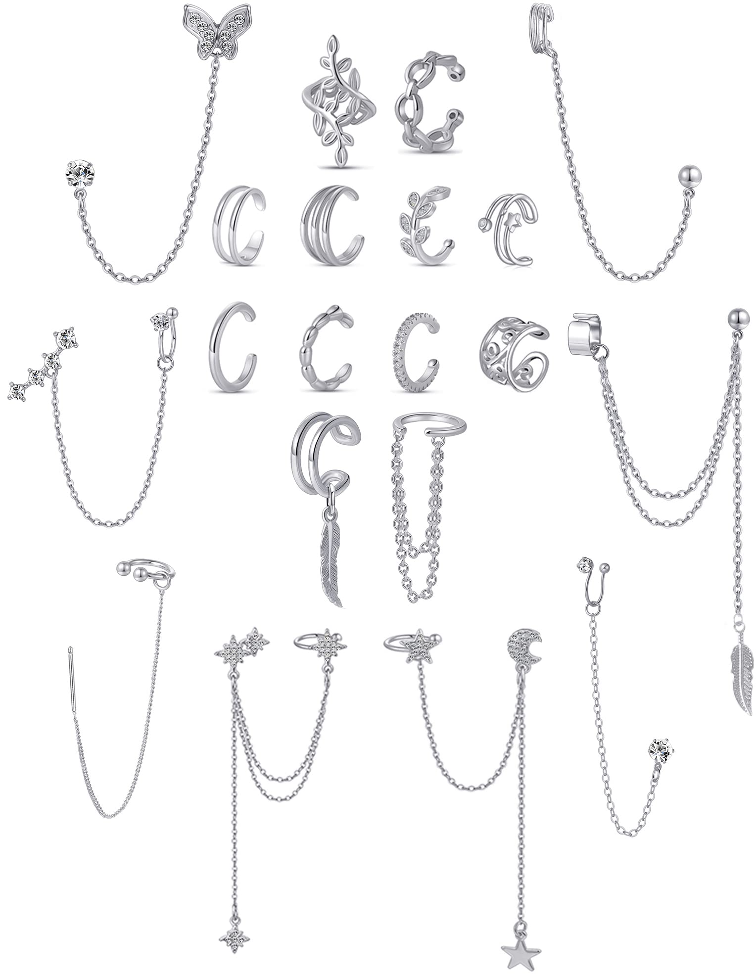 20Pcs Clip On Ear Cuffs for Women - Silver & Gold Adjustable Helix Cartilage Earrings with Dangle Chain Wrap - Perfect for Parties, Weddings & Everyday Wear