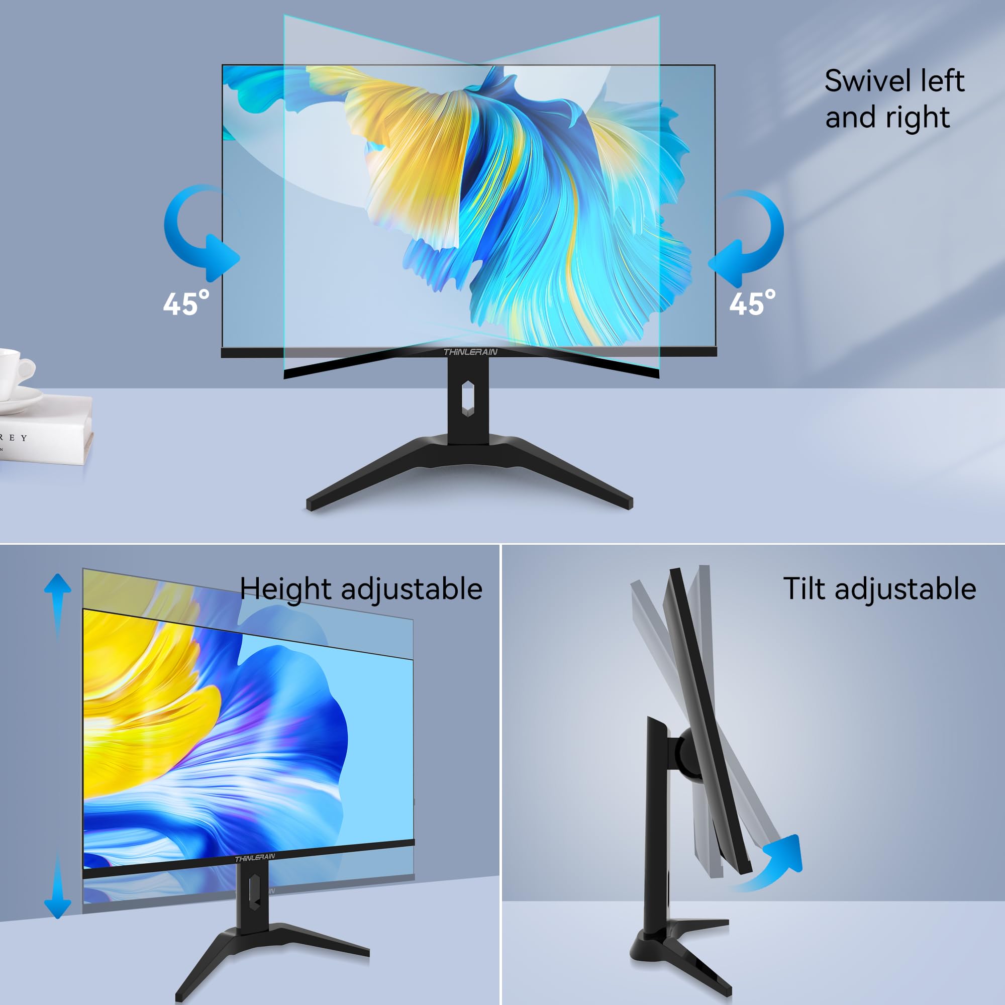 23.8 Inch Frameless Computer Monitor 1920x1080 Full HD Vertical Display with HDMI VGA AV BNC USB Ports, Multi-Function Stand, VESA Mount, Built-in Speakers for Office, Home, Gaming, and Design