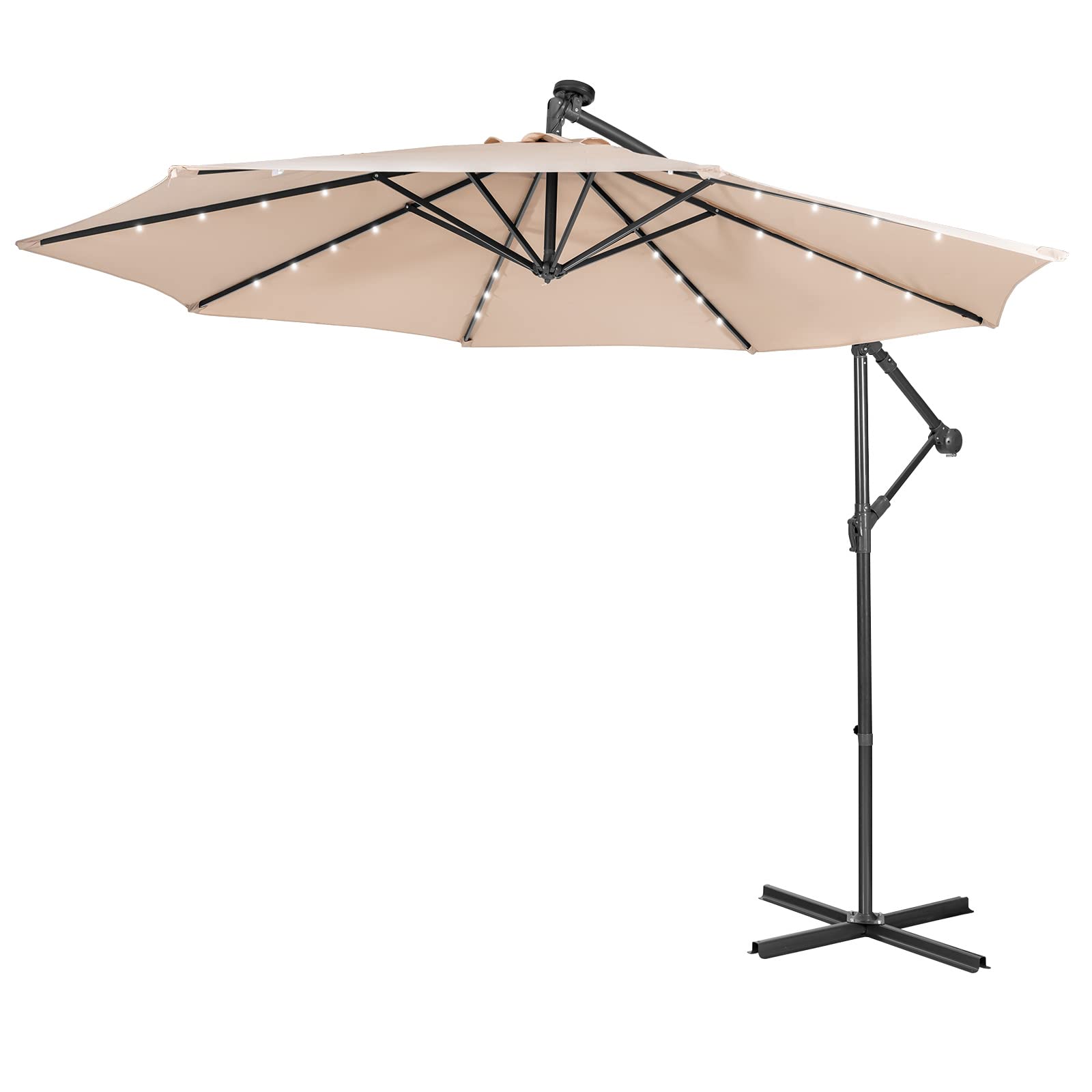 Giantex 10 Ft Solar Powered LED Patio Umbrella with 8 Ribs & Tilting Adjustment - Heavy Duty Cantilever Outdoor Umbrella for Pool, Garden, Deck, and Backyard Relaxation
