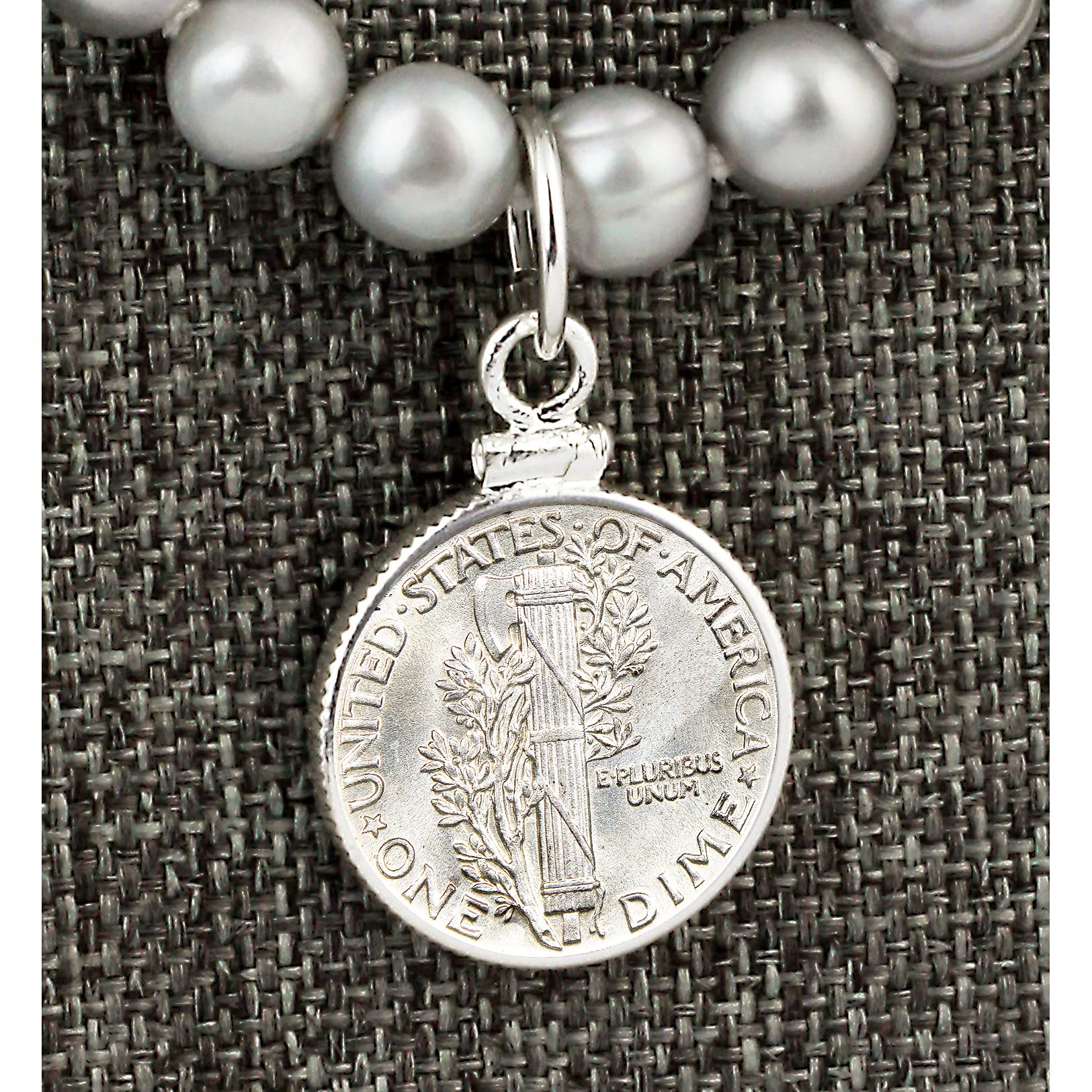 American Coin Treasures Mercury Dime Coin Pendant Necklace with Grey Pearl & Heart Toggle Closure - Vintage Jewelry Gift for Women, Perfect for Valentine's Day & Anniversary Celebrations