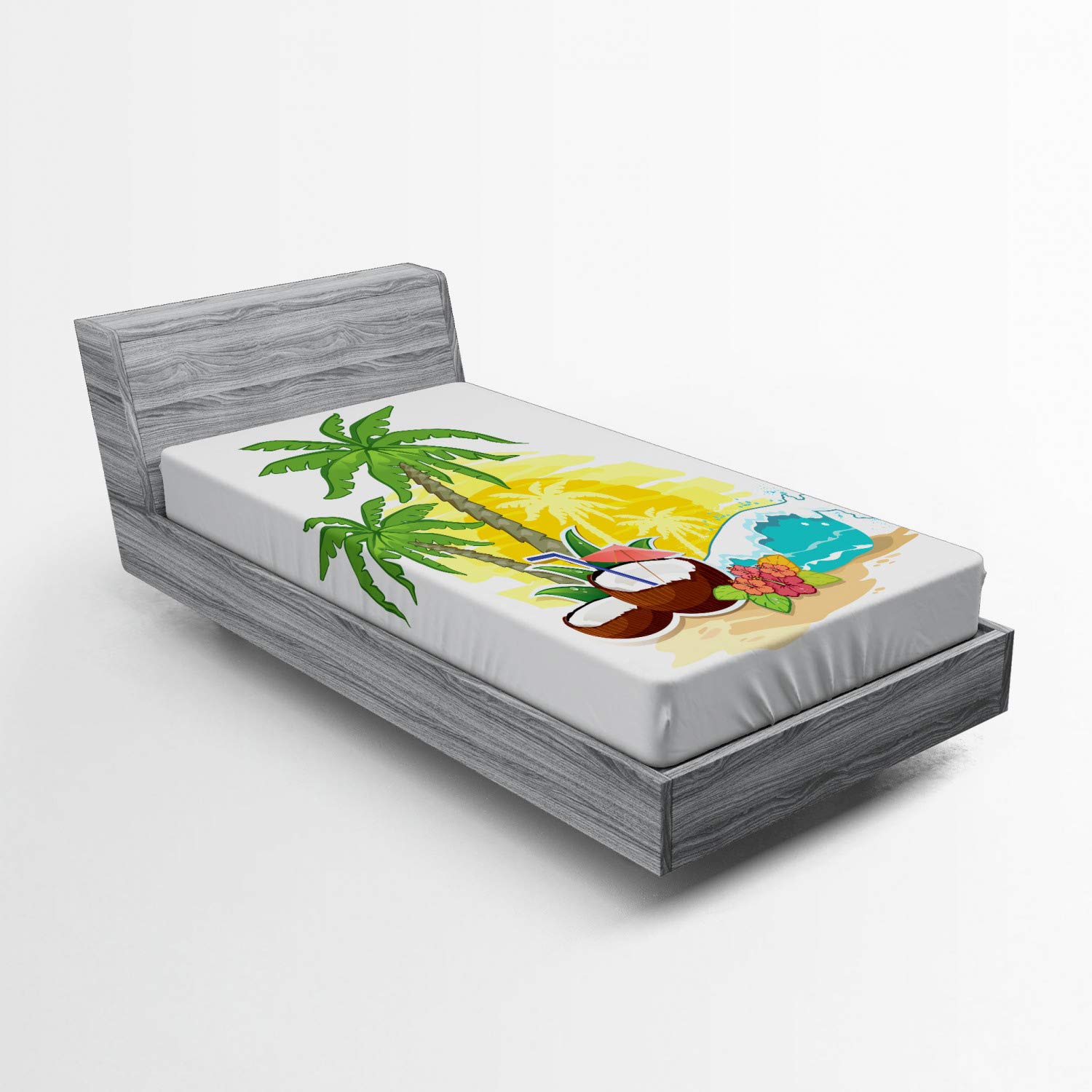 Ambesonne Tropical Palm Tree Cocktail Party Fitted Sheet - Twin Size Deep Pocket Bed Cover with All-Round Elastic - Summer Vacation Beach Theme Bedding for Guest Room & Dorm Decor