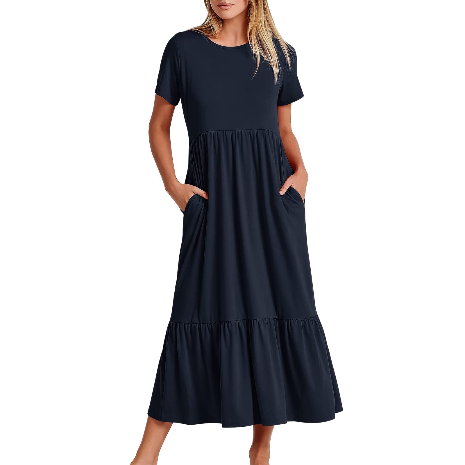 Women's Summer Dresses 2024 - Casual Short Sleeve Crewneck A-Line Swing Dress with Tiered Flowy Design | Beach Cover Up, Vacation Outfit, Party Wear | X-Large Size in Dark Blue