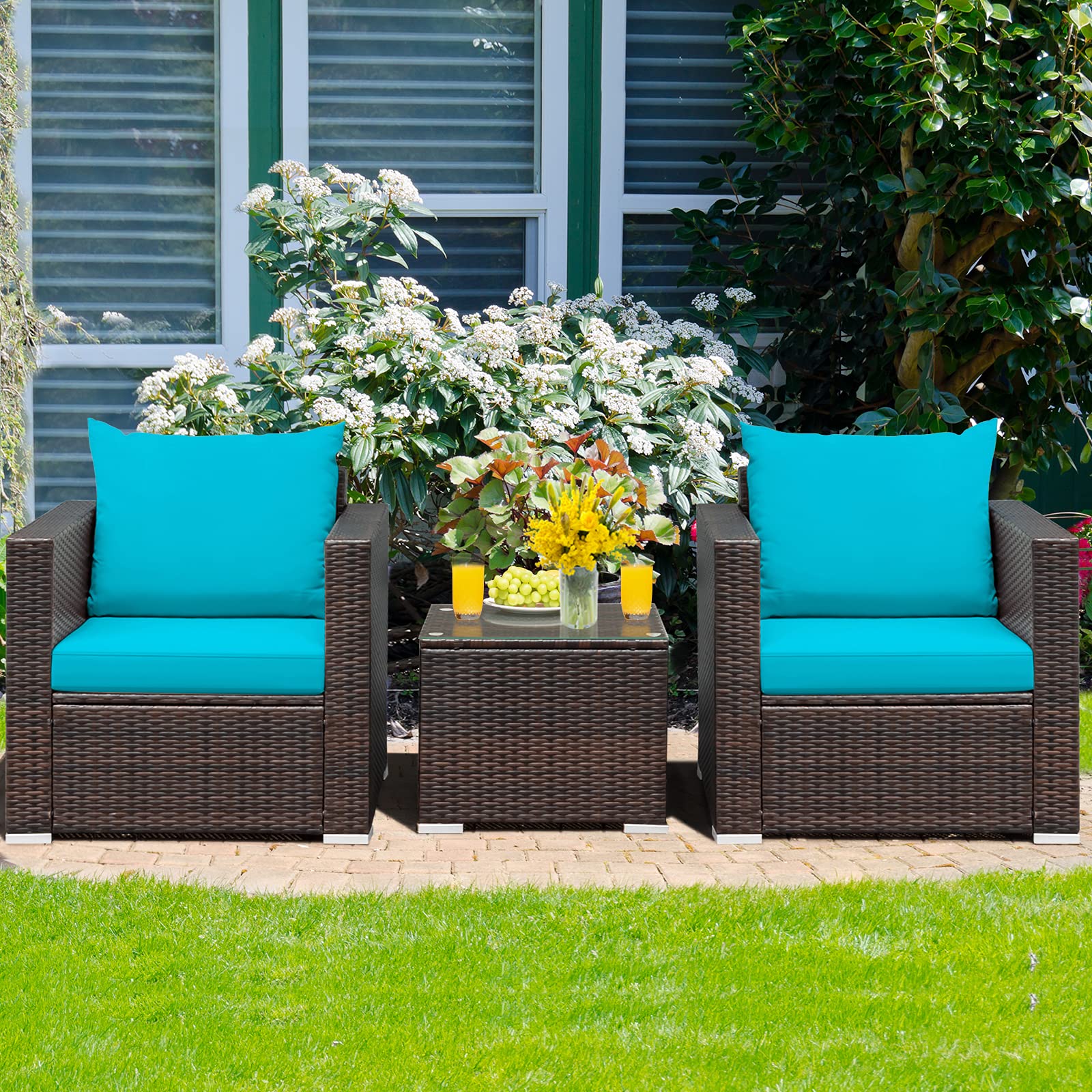 HAPPYGRILL 3-Piece Outdoor Patio Furniture Set - PE Rattan Wicker Sofa with Cushions & Coffee Table - Garden, Poolside, Balcony Conversation Set for Relaxing & Entertaining