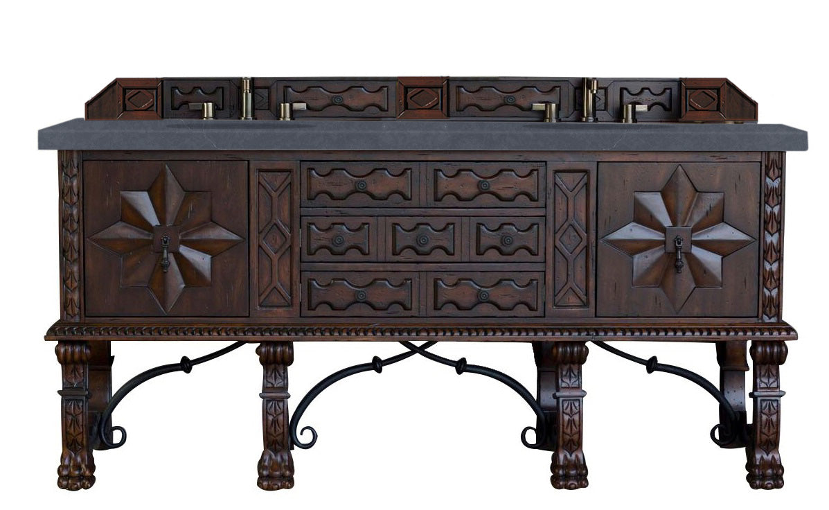 Balmoral 72-Inch Double Vanity Bathroom Cabinet with 3CM Charcoal Soapstone Quartz Top - Antique Walnut Finish for Modern & Traditional Bathrooms