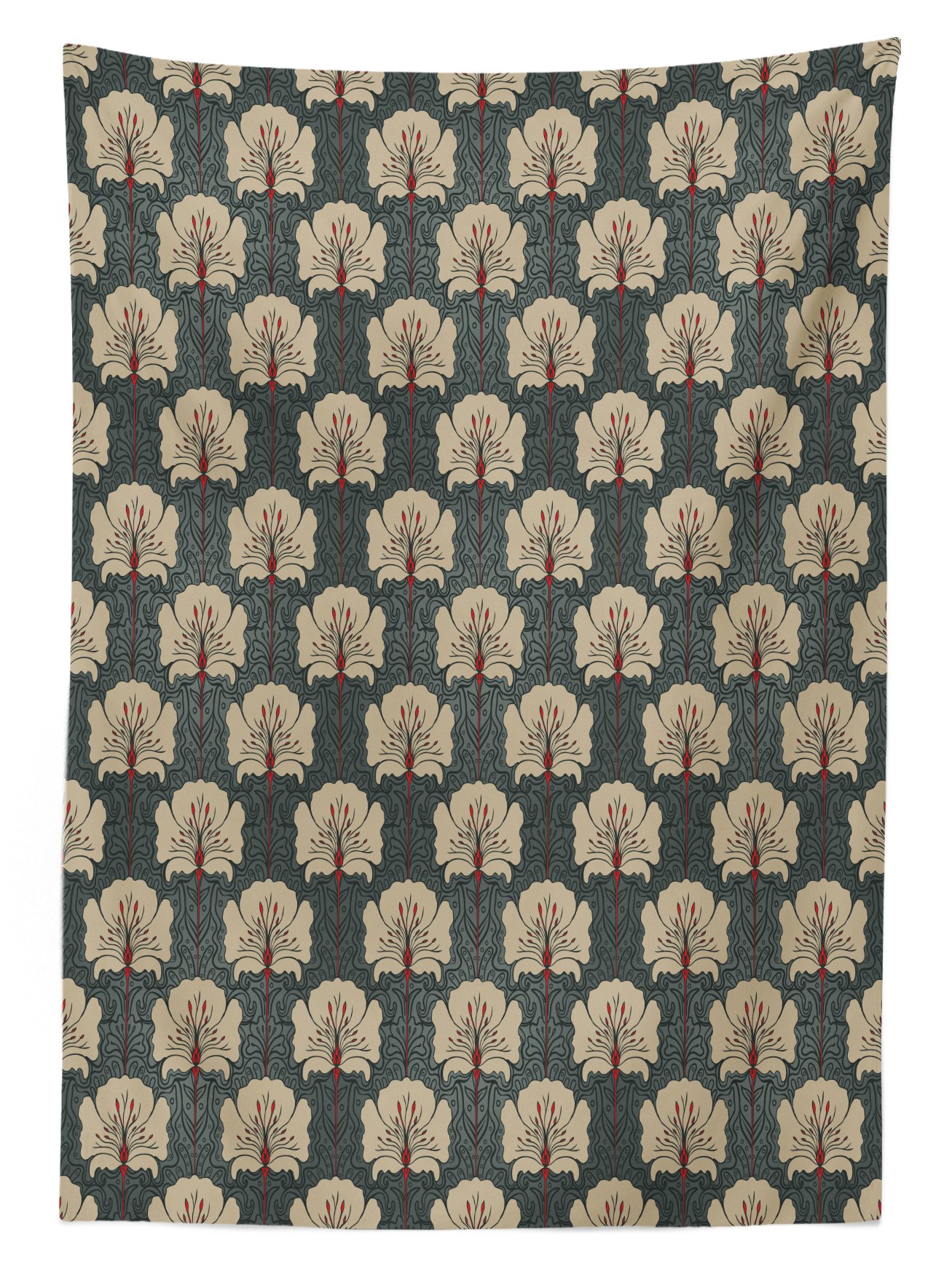 Ambesonne Floral Outdoor Tablecloth - Art Nouveau Style Romantic Poppy Flowers & Nature Design, Washable Picnic Table Cover 58x104 Inches, Tan Grey Vermilion - Perfect for Garden Parties, Outdoor Dining & Picnics