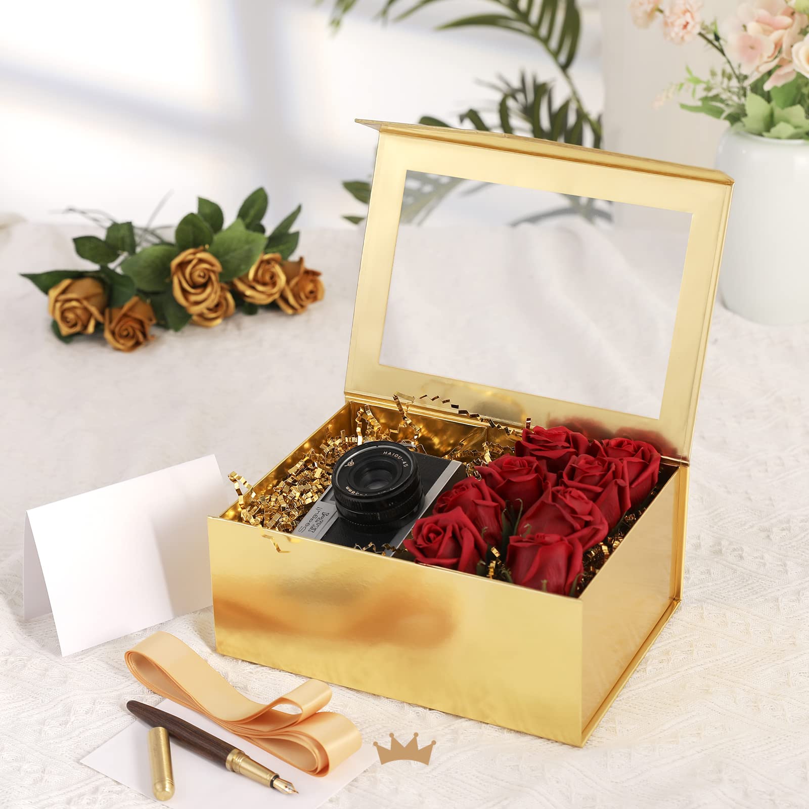 9x6.5x3.8 Inch Gold Gift Box with Clear Window - Magnetic Lid Bridesmaid Proposal Box, Christmas Present Box with Ribbon & Card (Glossy Gold) | Perfect for Wedding Favors, Birthday Gifts & Holiday Packaging