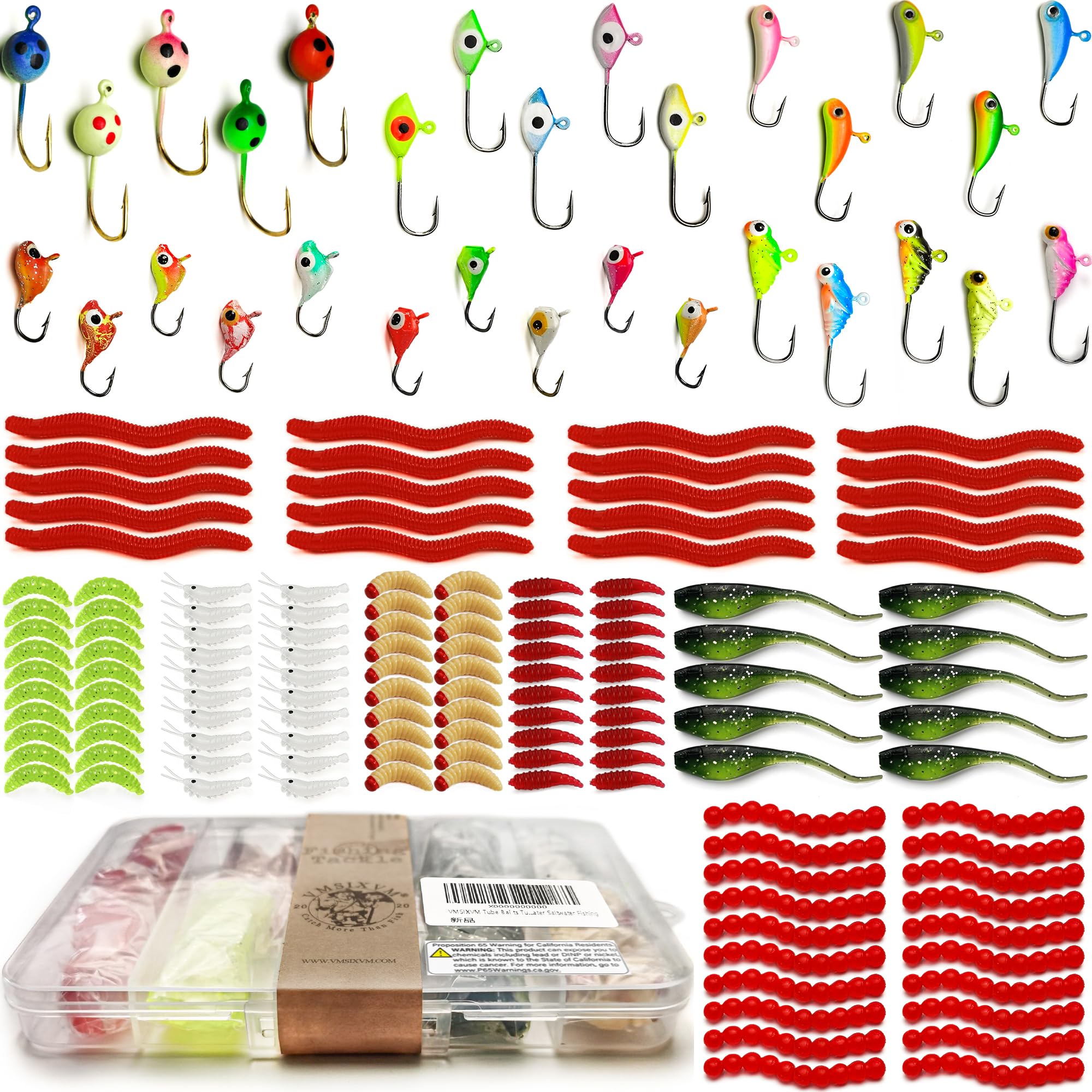 Glow Micro Ice Fishing Jigs & Lures Kit with Soft Plastic Worm Baits - Best for Crappie, Walleye & Panfish - Essential Ice Fishing Gear & Tackle Accessories for Winter Fishing Adventures