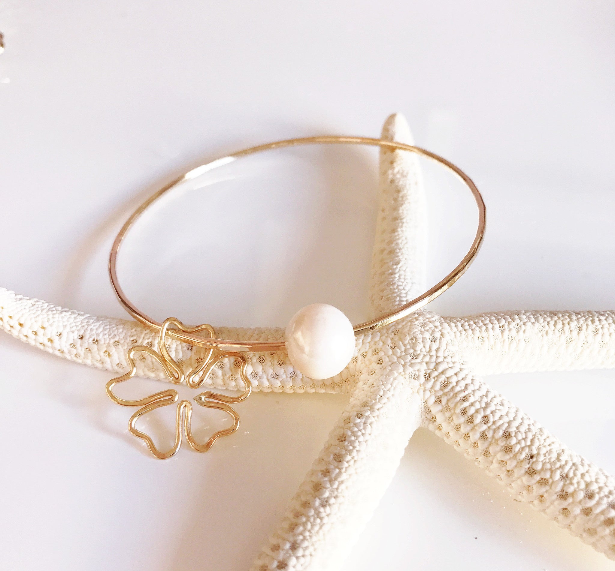 Cherry Blossom Pearl Bangle Bracelet for Women - Elegant White Pearl Floral Bangle Jewelry Gift (B300) for Weddings, Parties & Special Occasions